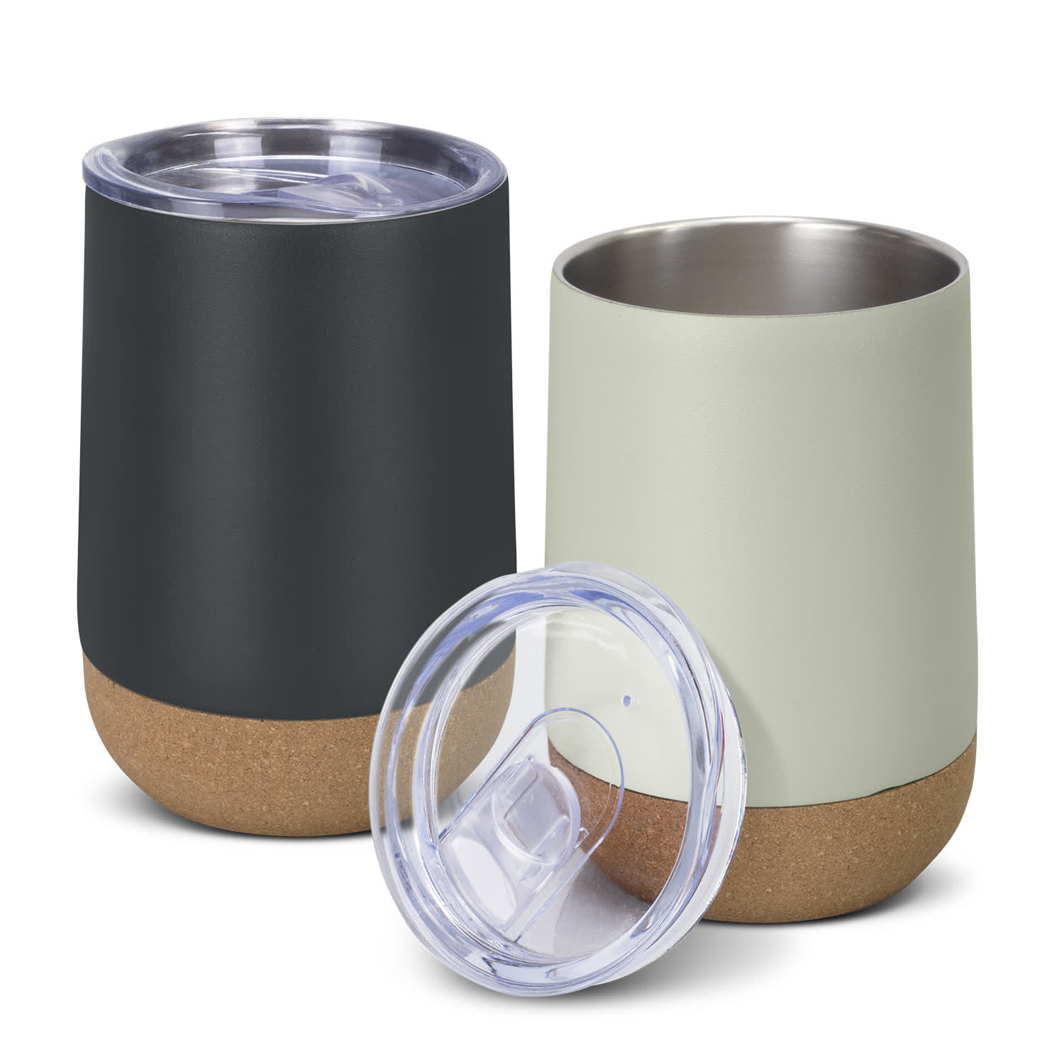 A drink bottle set featuring a dark grey and a light green cup with cork bottoms and clear lids. Vixen Vacuum Coffee Cup - Image 1