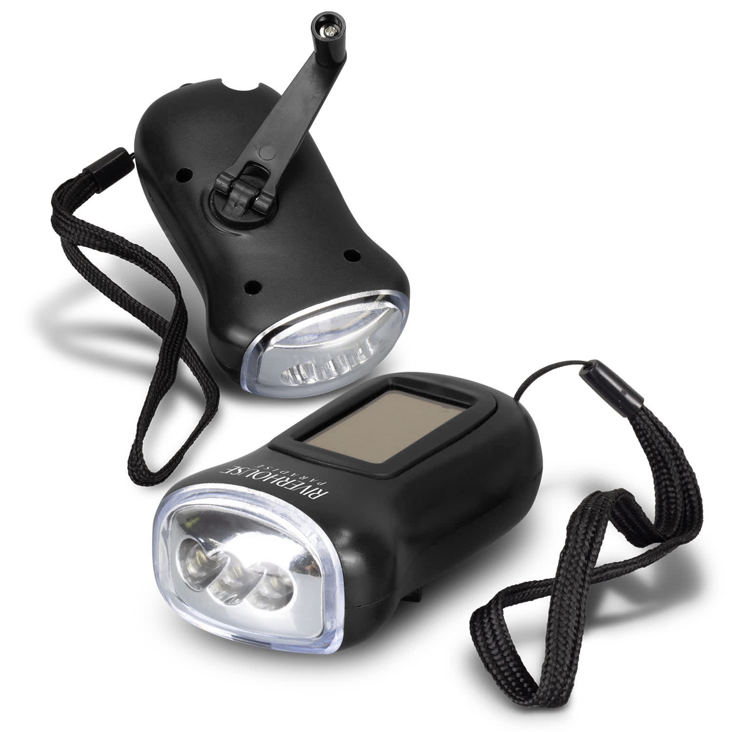 A black Dynamo Solar Torch with a pull-out handle and a wrist strap, featuring two bright LED lights. Dynamo Solar Torch - Image 1
