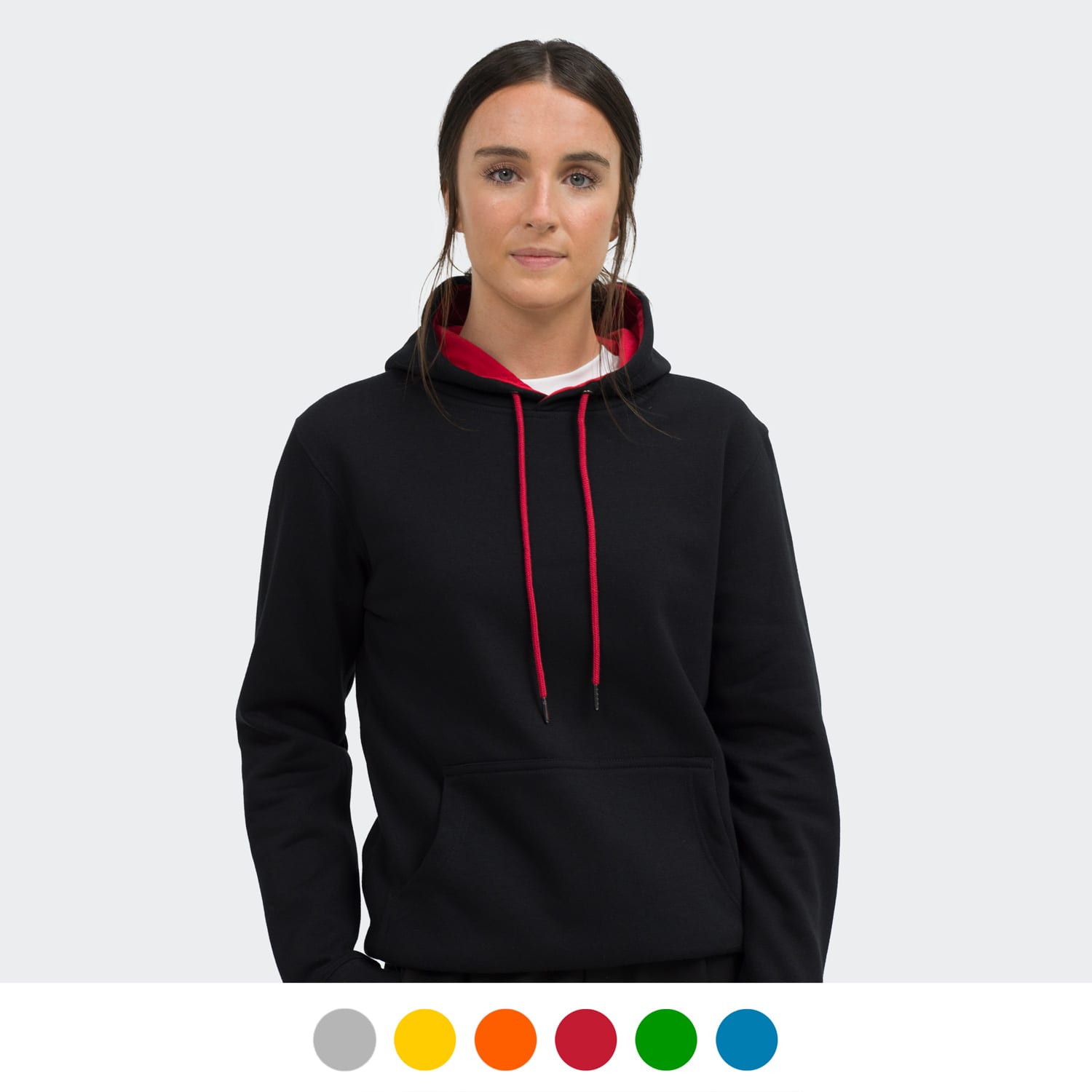 A black unisex hoodie with a red contrast drawstring and a front pocket, featuring a branding logo. TRENDSWEAR Studio Contrast Unisex Hoodie - Image 1