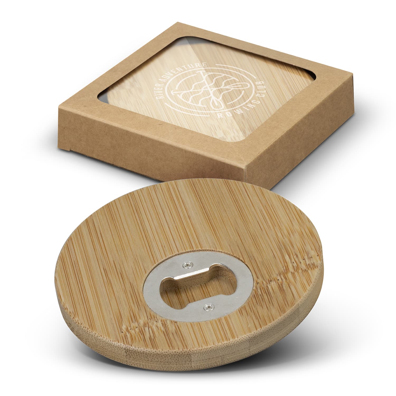 A round bamboo bottle opener coaster set of two, featuring a silver opener, packaged in a brown box. Bamboo Bottle Opener Coaster - Set of 2 - Round - Image 1