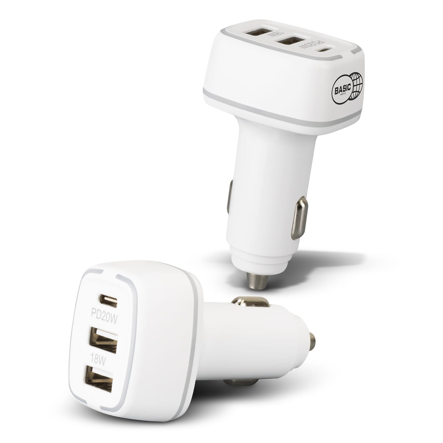 A white USB car charger with two ports, featuring a logo on one side and multiple USB outputs visible. Photon Car Charger - Image 1