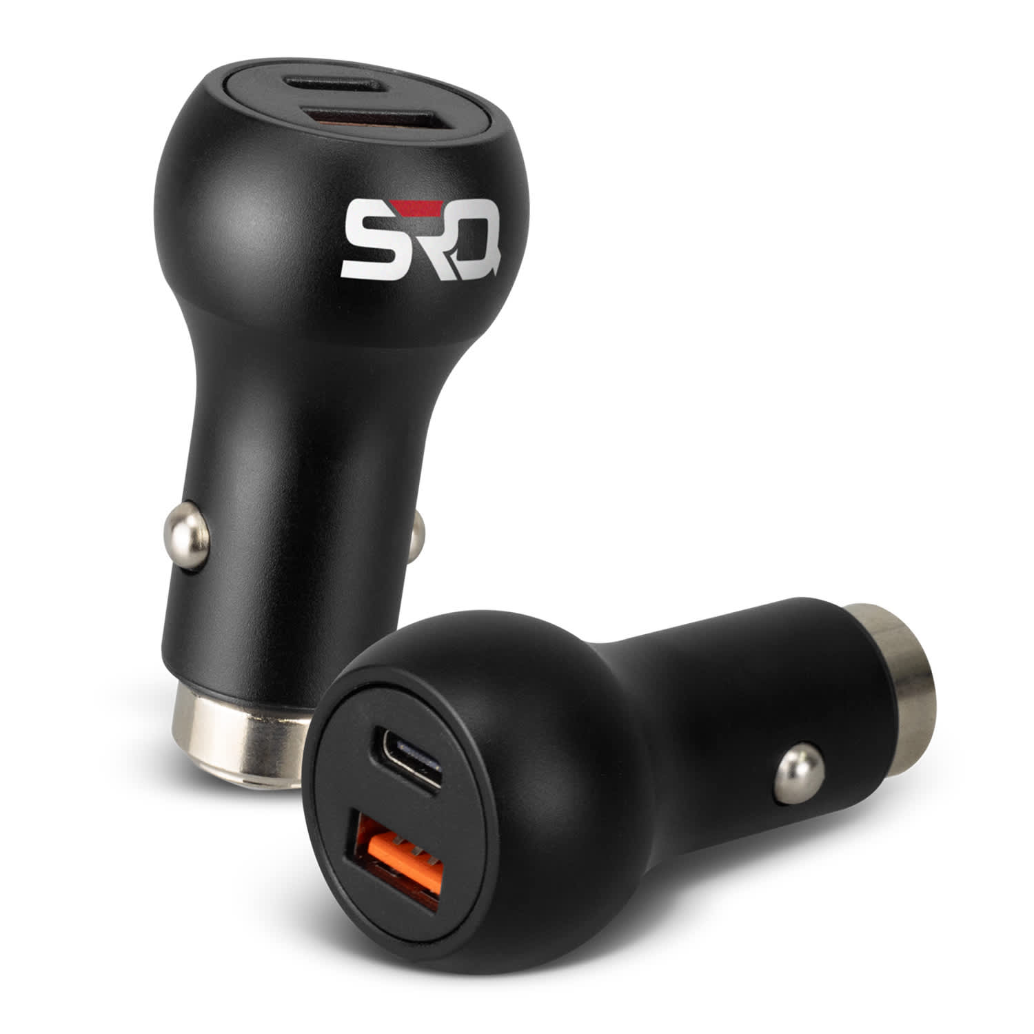 A black USB car charger featuring two ports. The design includes a logo and a rounded shape for easy handling. Gideon Safety Car Charger - Image 1
