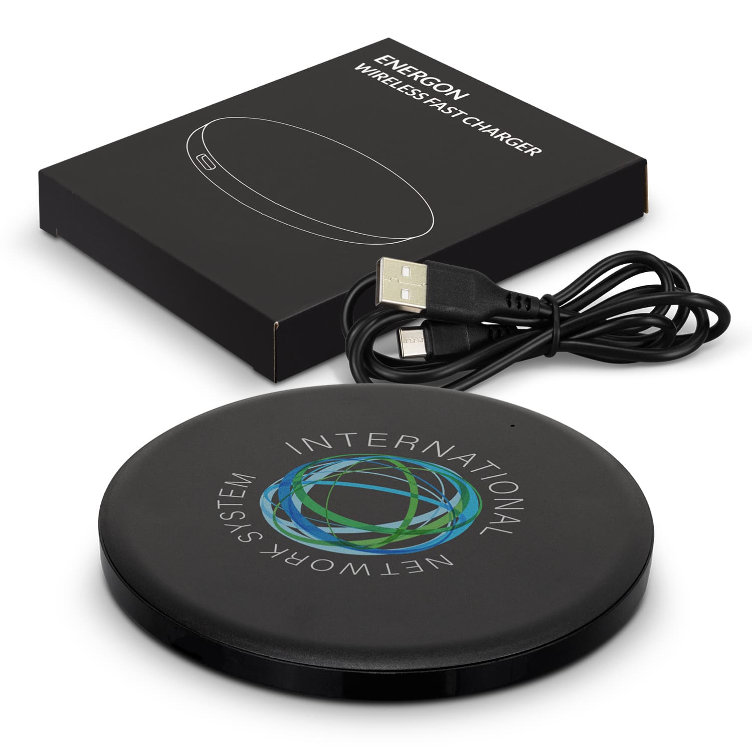 A black wireless charger with a circular design, accompanied by a USB cable and a branded packaging box. Energon Wireless Fast Charger - Image 1