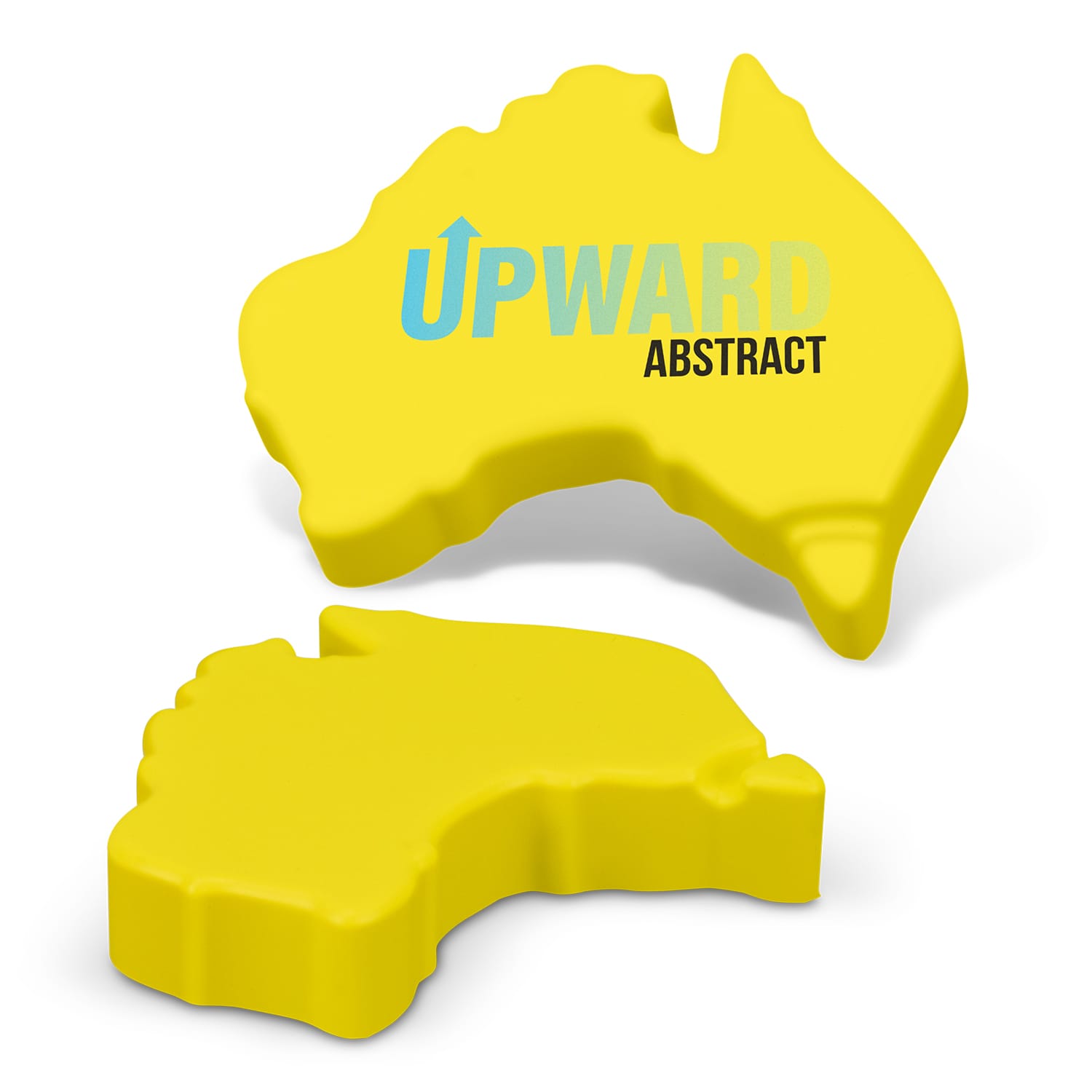 A yellow stress toy shaped like Australia, featuring an abstract design and a logo. Stress Australia - Image 1