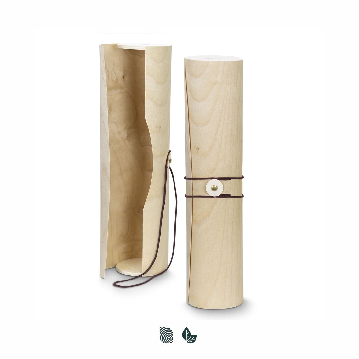 A wooden wine tube in natural light wood, featuring a leather tie and an internal compartment. It also has a logo. Tuscany Wine Tube - Image 1