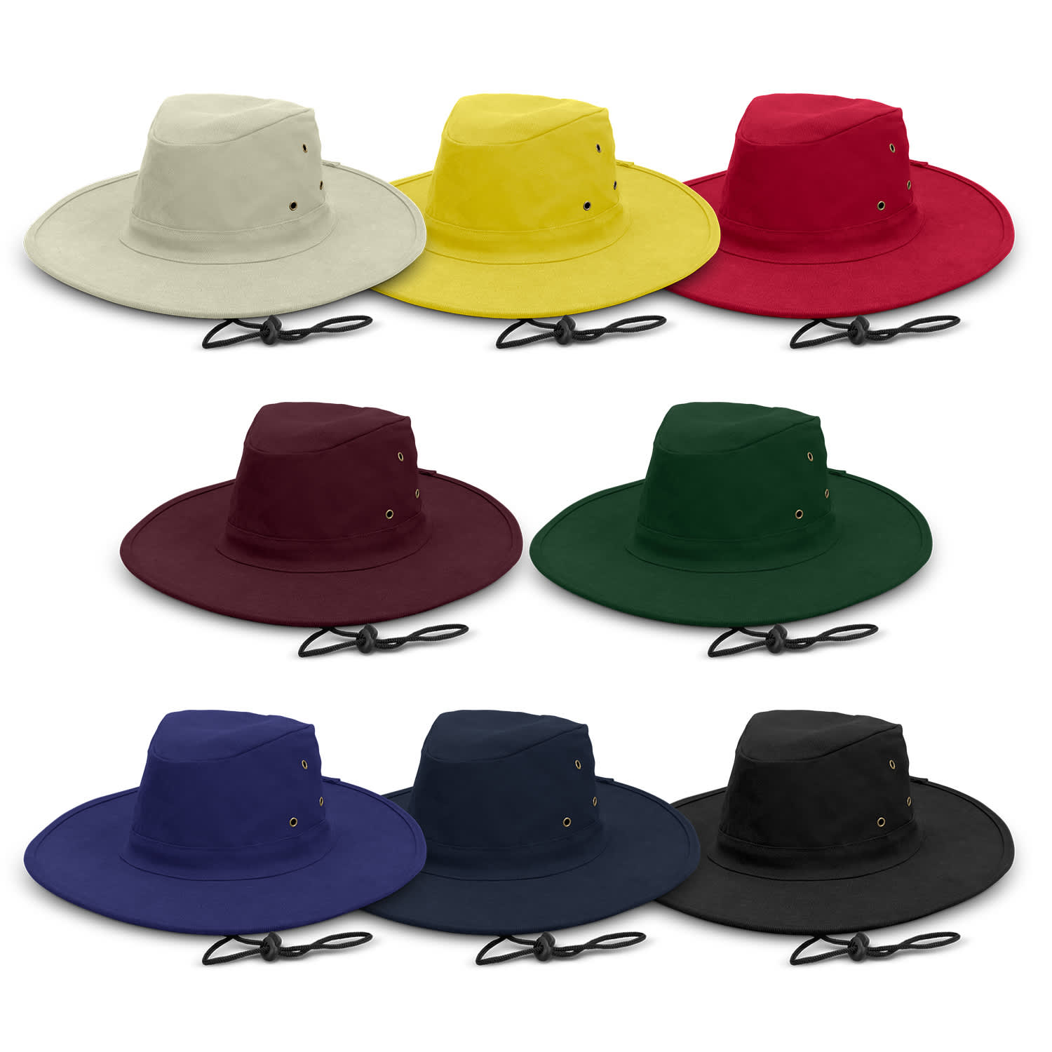 A wide brim hat collection in yellow, red, khaki, dark green, burgundy, navy, and black, featuring eyelets and a strap. Austral Wide Brim Hat - Image 1