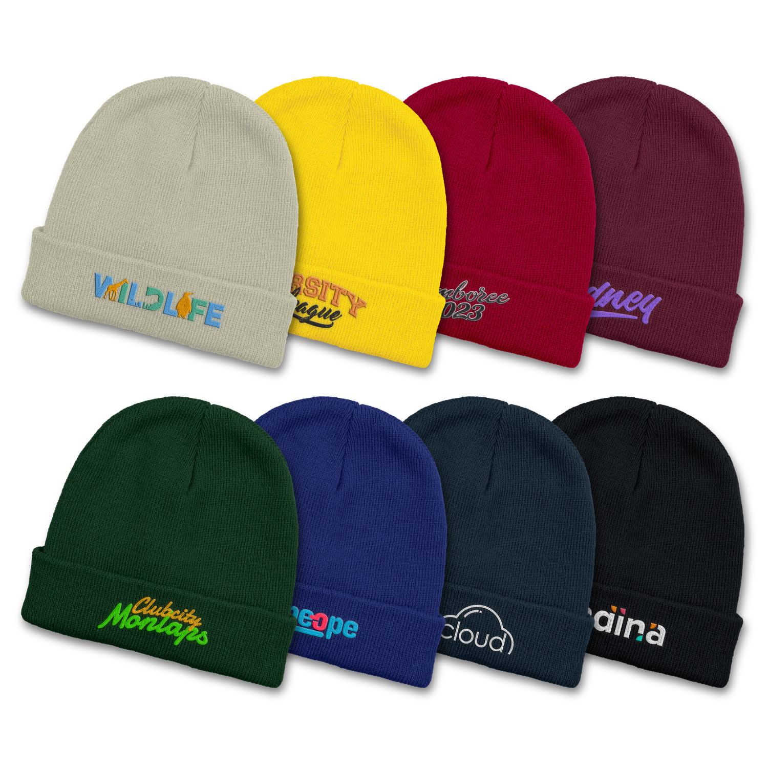 A collection of eight beanies in various colours including yellow, green, red, blue, and burgundy, featuring logos. Everest Youth Beanie - Image 1