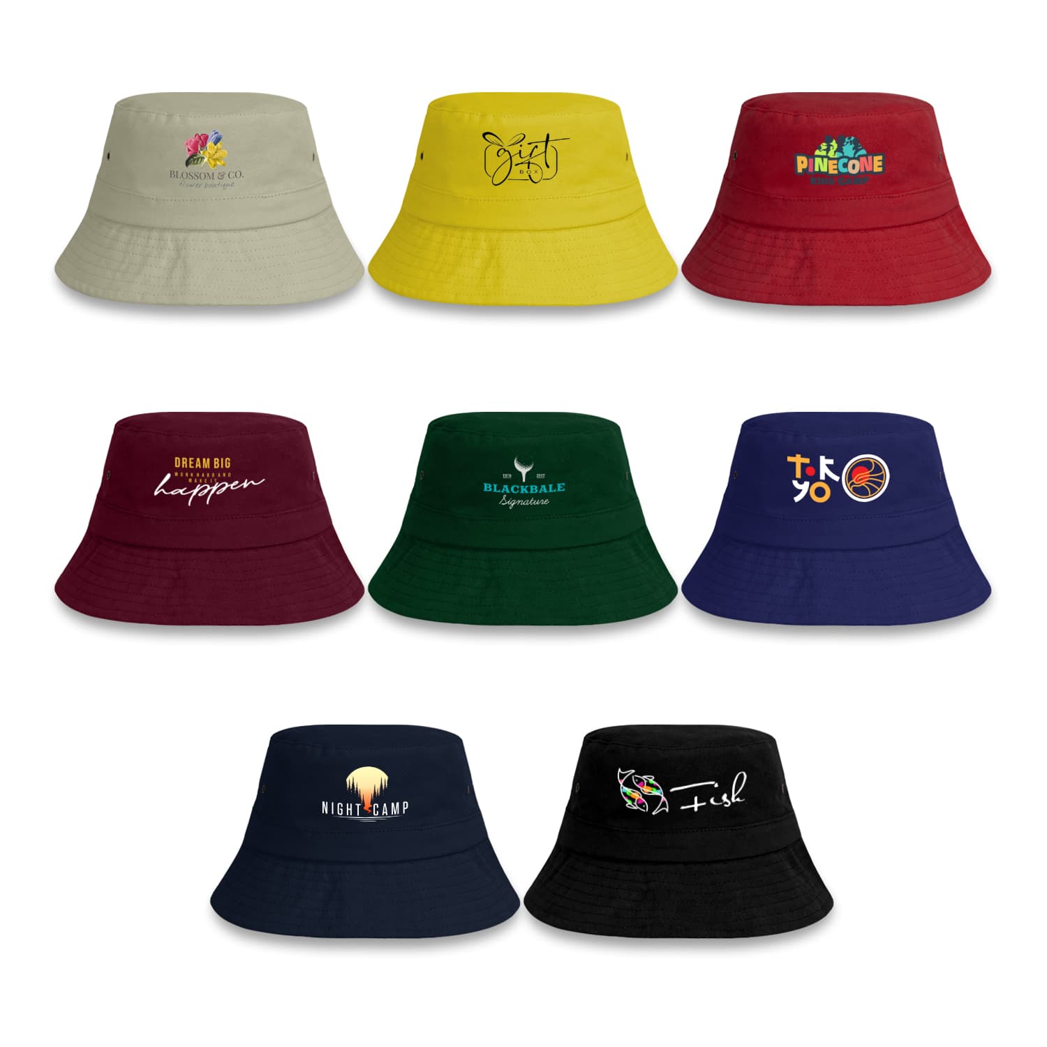 A variety of bucket hats in different colours, featuring various logos and designs. Explore Bucket Hat - Image 1