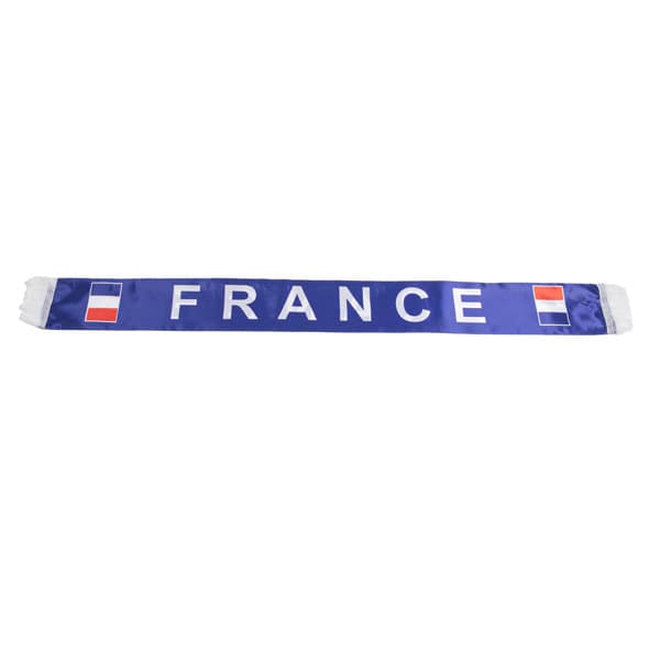 A blue satin fan scarf featuring the word "FRANCE" and two small flags. It has a modern design suitable for accessories. A blue satin fan scarf featuring the word "FRANCE" and two small flags. It has a modern design suitable for accessories.