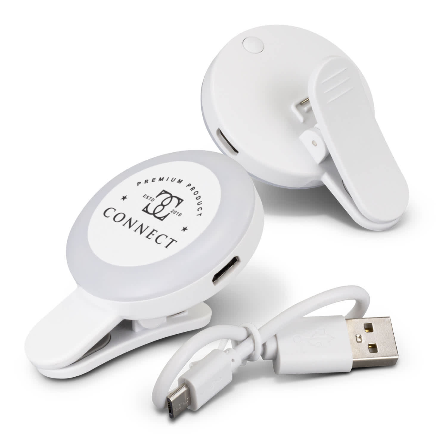 A white selfie light with a clip and USB charging cable, designed for mobile phones. It features a branded logo. Halo Selfie Light - Image 1