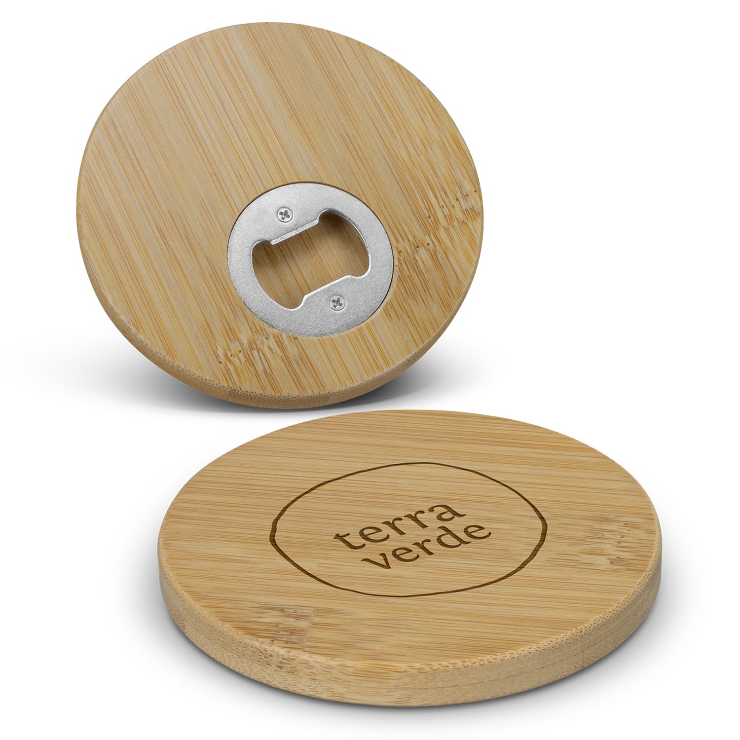 A round bamboo coaster featuring a bottle opener, with a natural wood finish and a logo engraved on the surface. Bamboo Bottle Opener Coaster - Round - Image 1