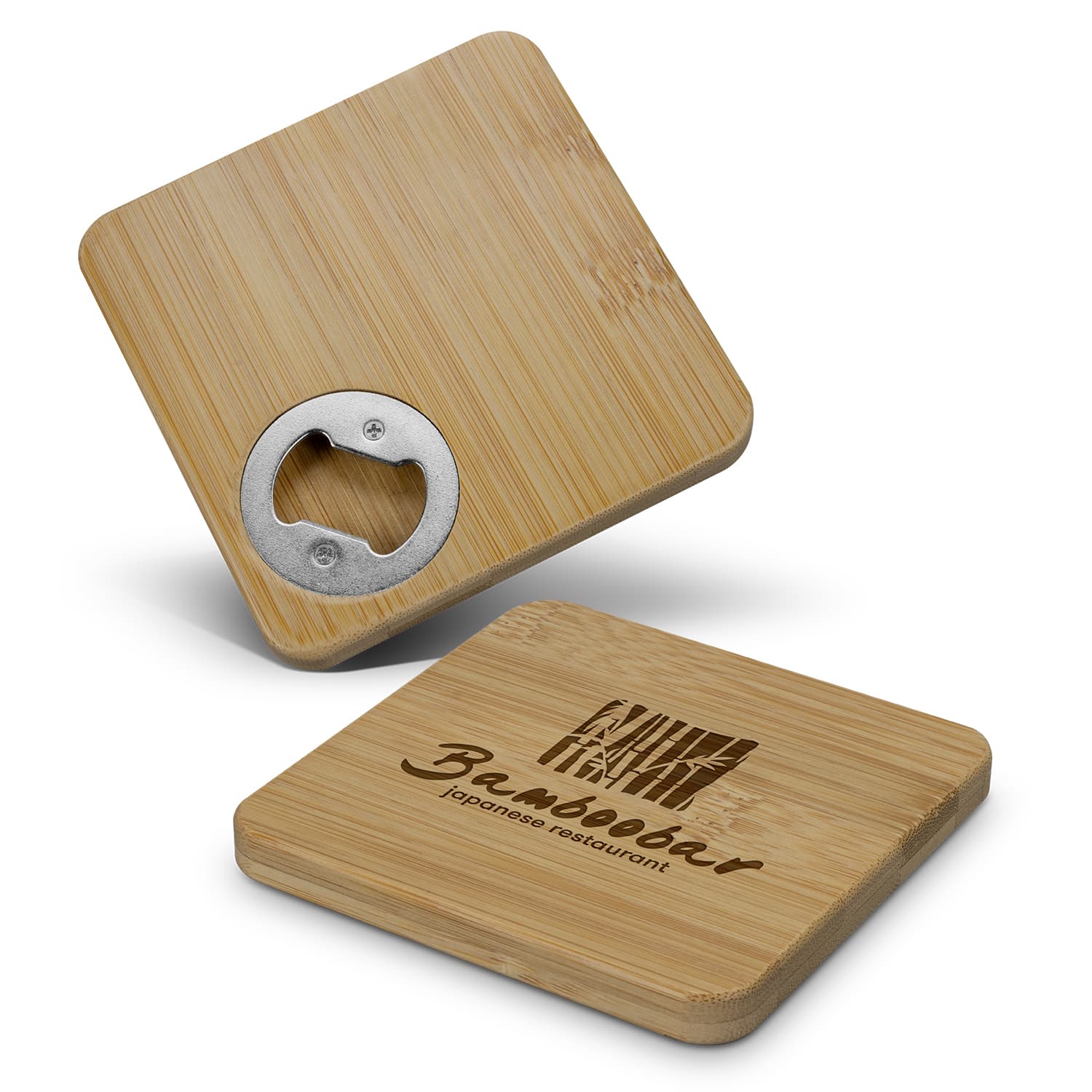 A drink bottle opener coaster in square shape, made from light bamboo with a silver opener and a logo. Bamboo Bottle Opener Coaster - Square - Image 1