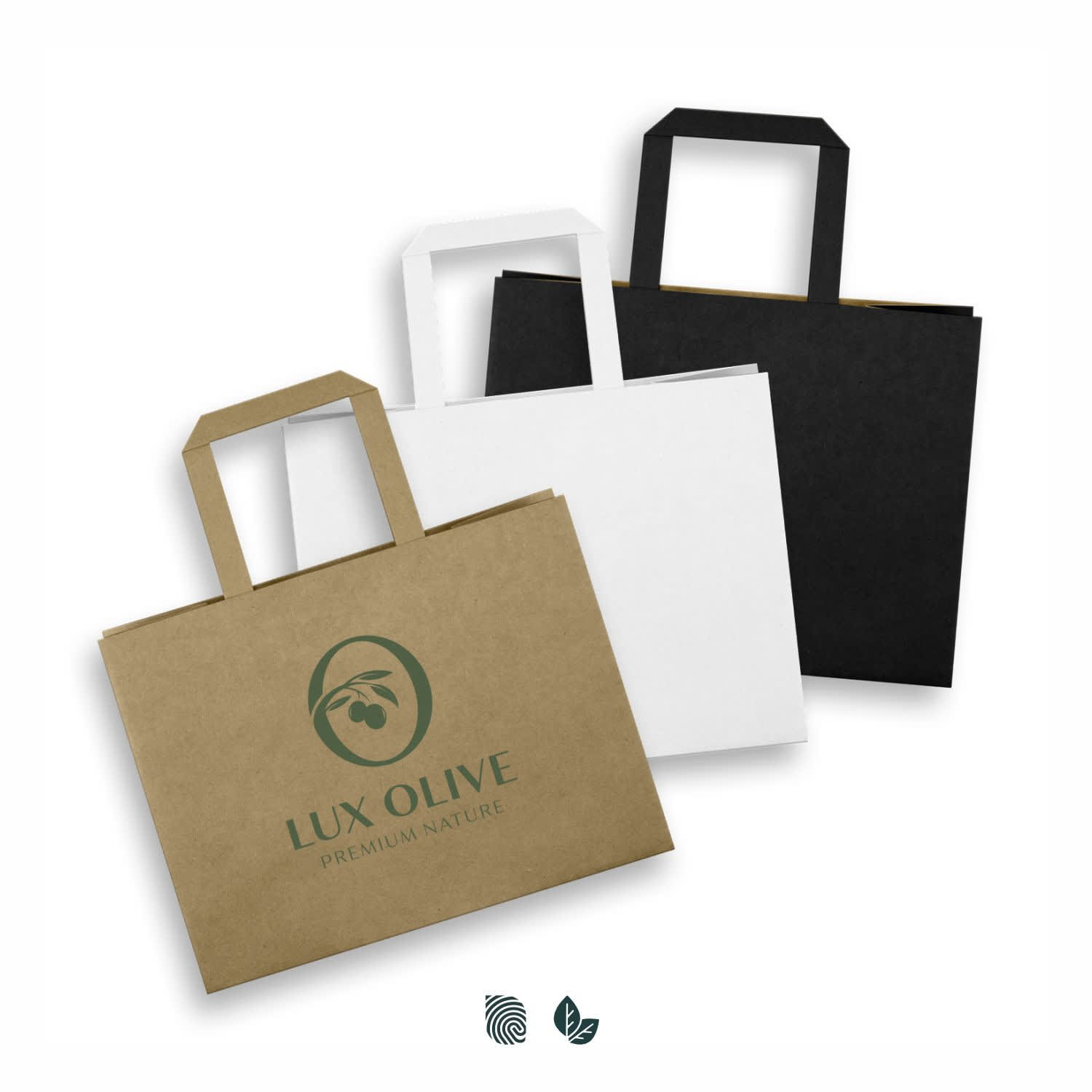 A set of three medium flat handle paper bags in black, white, and brown with a logo on the front. Medium Flat Handle Paper Bag Landscape - Image 1