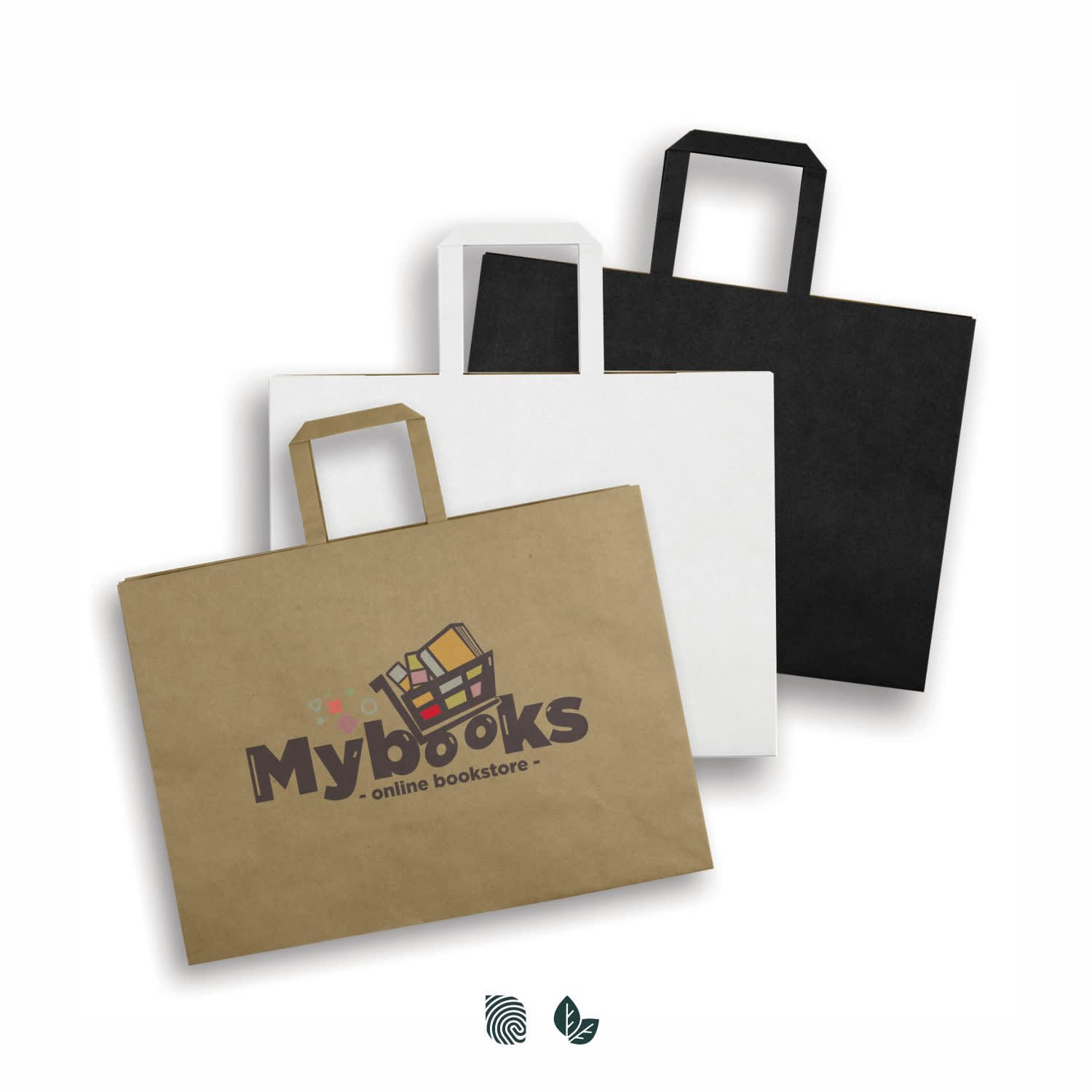 Three extra large flat handle paper bags in brown, white, and black, featuring a logo on the brown bag. Extra Large Flat Handle Paper Bag Landscape - Image 1