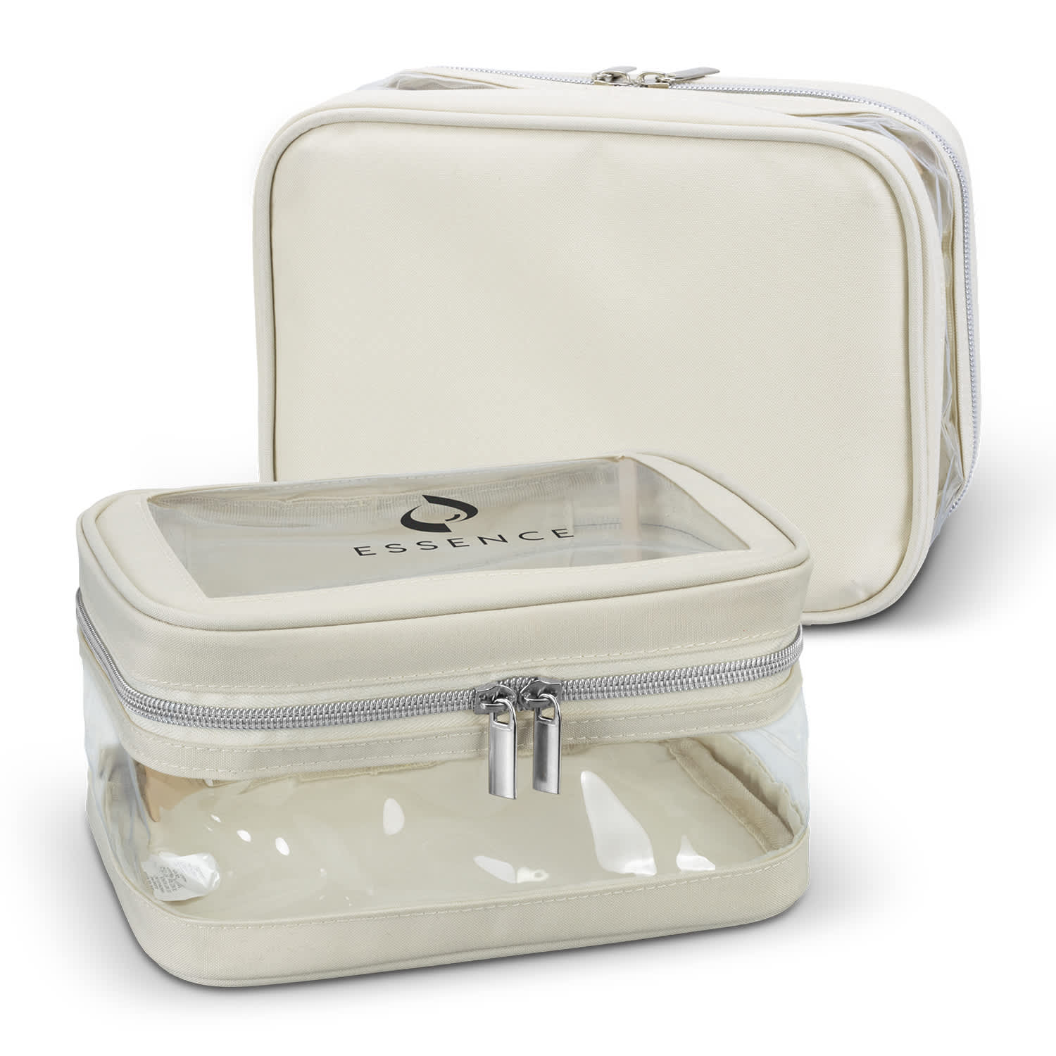 A cream-coloured cosmetic bag with a transparent front and silver zippers. It features a logo on the surface. Peony Cosmetic Bag - Image 1