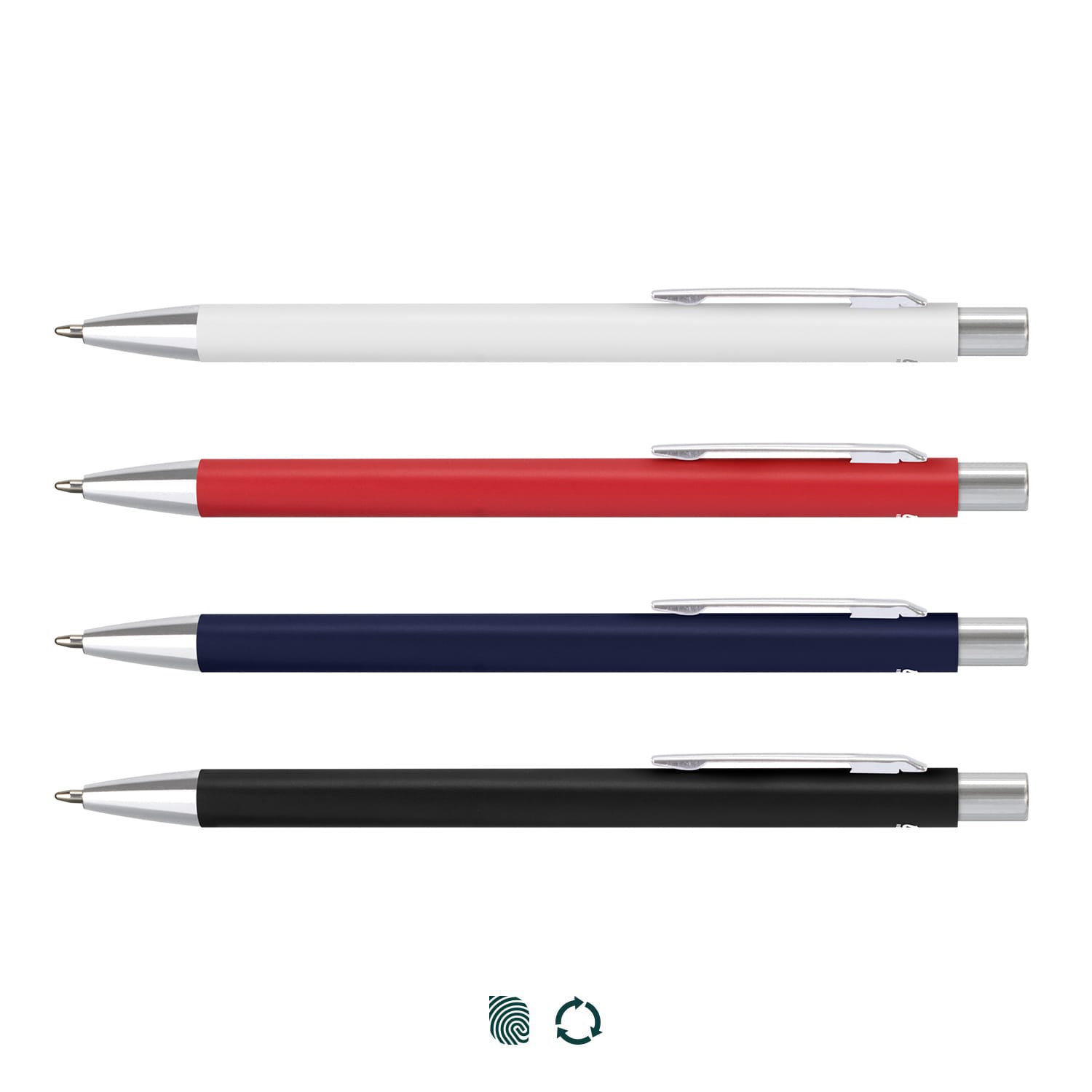 A collection of four metal pens in white, red, navy, and black, featuring silver clips and a branding logo. Entity Pen - Image 1