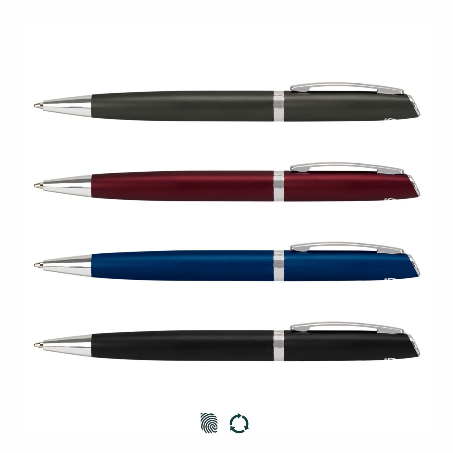 Four metal pens in black, burgundy, blue, and silver, featuring a sleek design and a branding logo. Scorpio Pen - Image 1