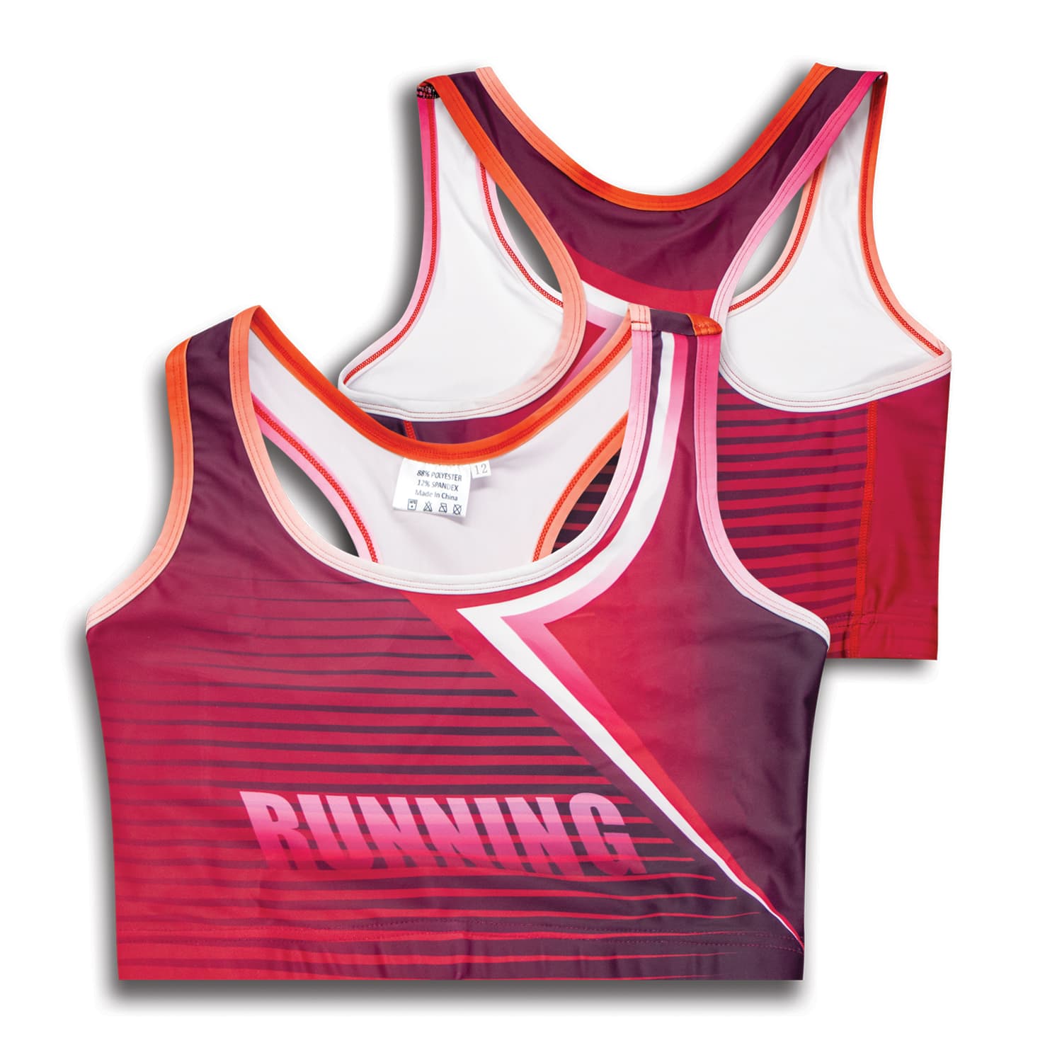 A custom women's athletics crop top in pink and purple with a stylish design and logo. Custom Womens Athletics Crop - Image 1