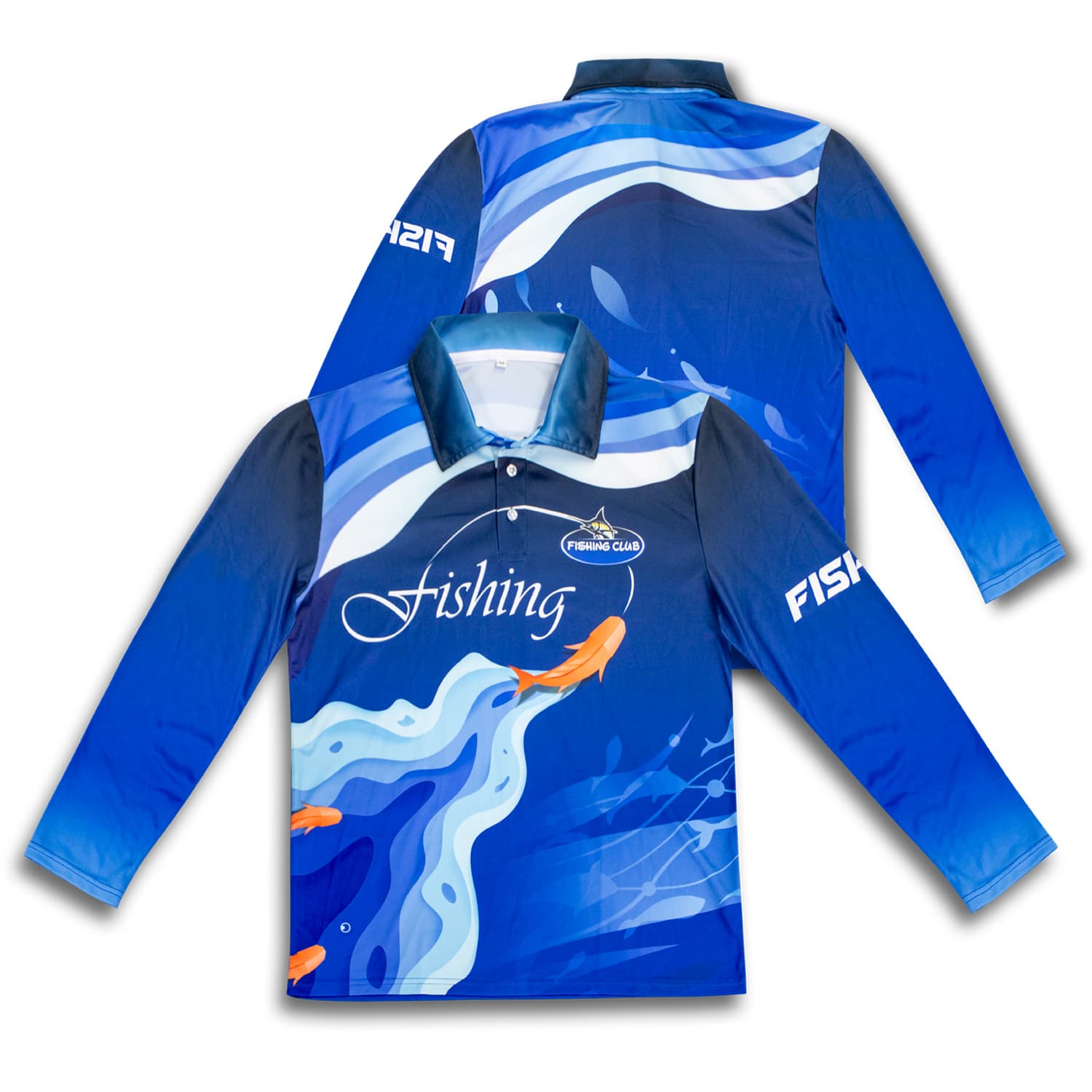 A long-sleeve blue polo shirt featuring a wave design and a logo on the front and sleeve. Custom Fishing Polo - Image 1