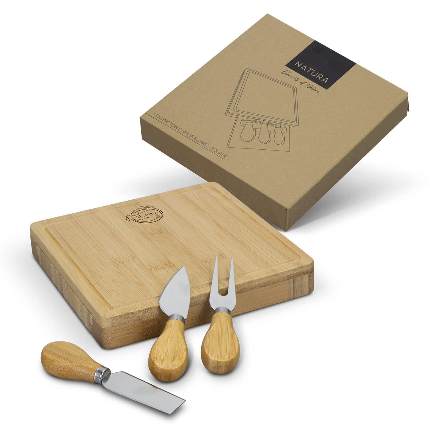 A square bamboo cheese board with three stainless steel knives, featuring wooden handles and a branded packaging box. NATURA Kensington Cheese Board - Square - Image 1