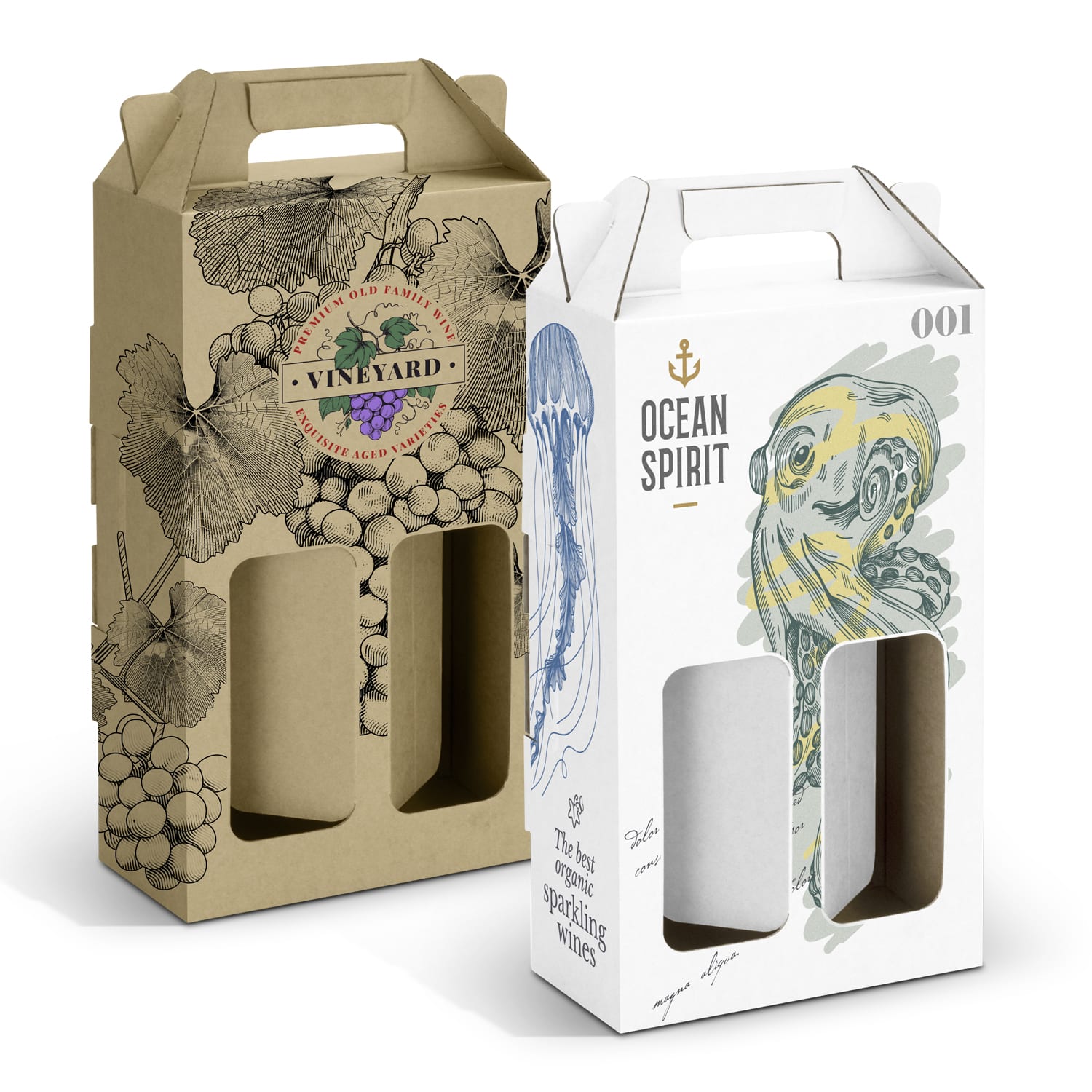 Two wine carry packs, one in a beige design with grape illustrations and the other in white featuring a jellyfish illustration, both with handles. Wine Carry Pack - Double - Image 1