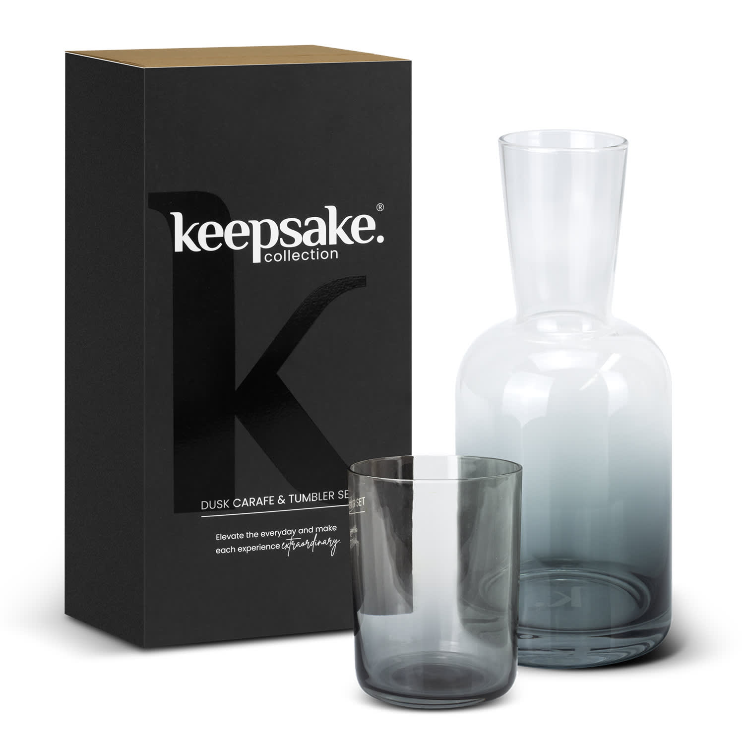 A glass carafe and tumbler set in grey, packaged in a black box with a logo. Keepsake Dusk Carafe and Tumbler Set - Image 1