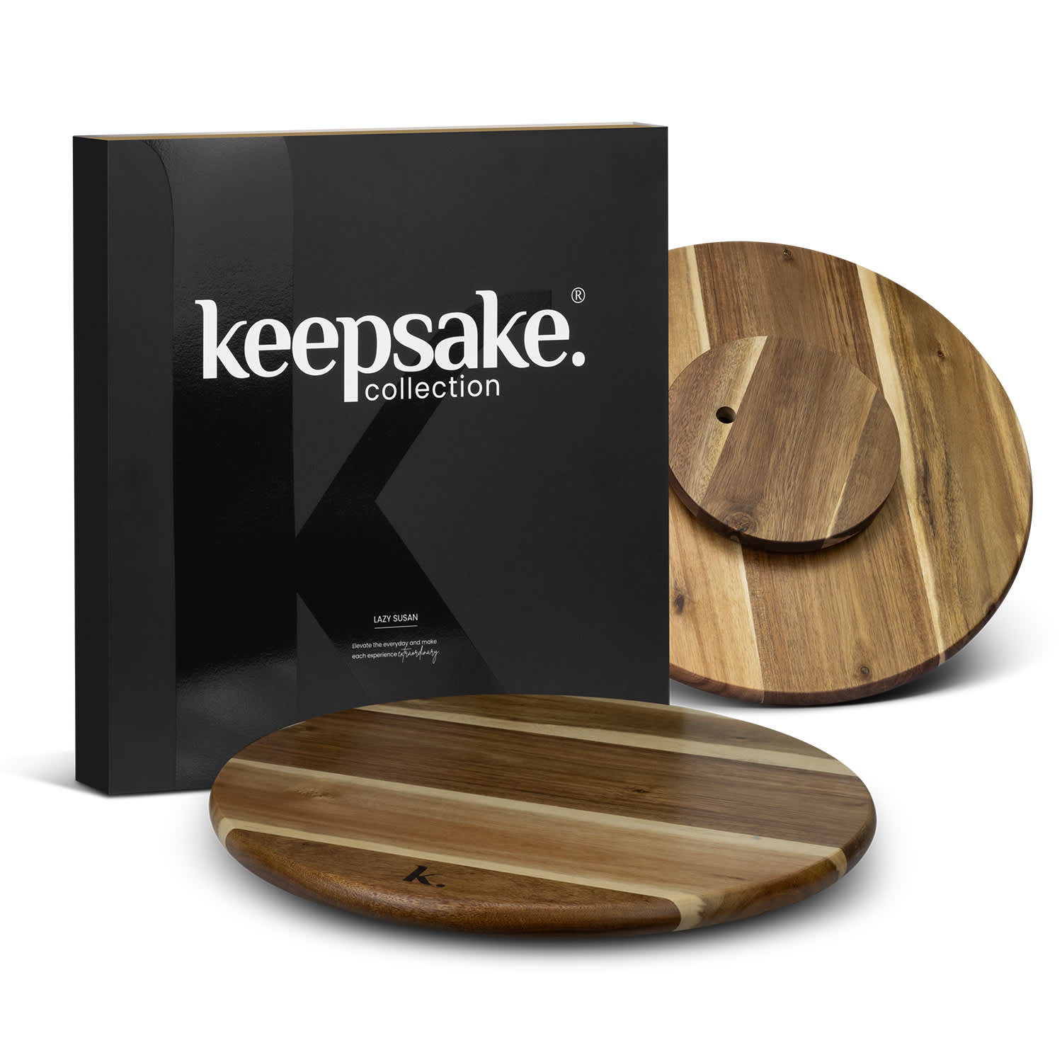 A wooden lazy Susan with a multi-tone finish, presented in a sleek black box featuring a logo. Keepsake Lazy Susan - Image 1