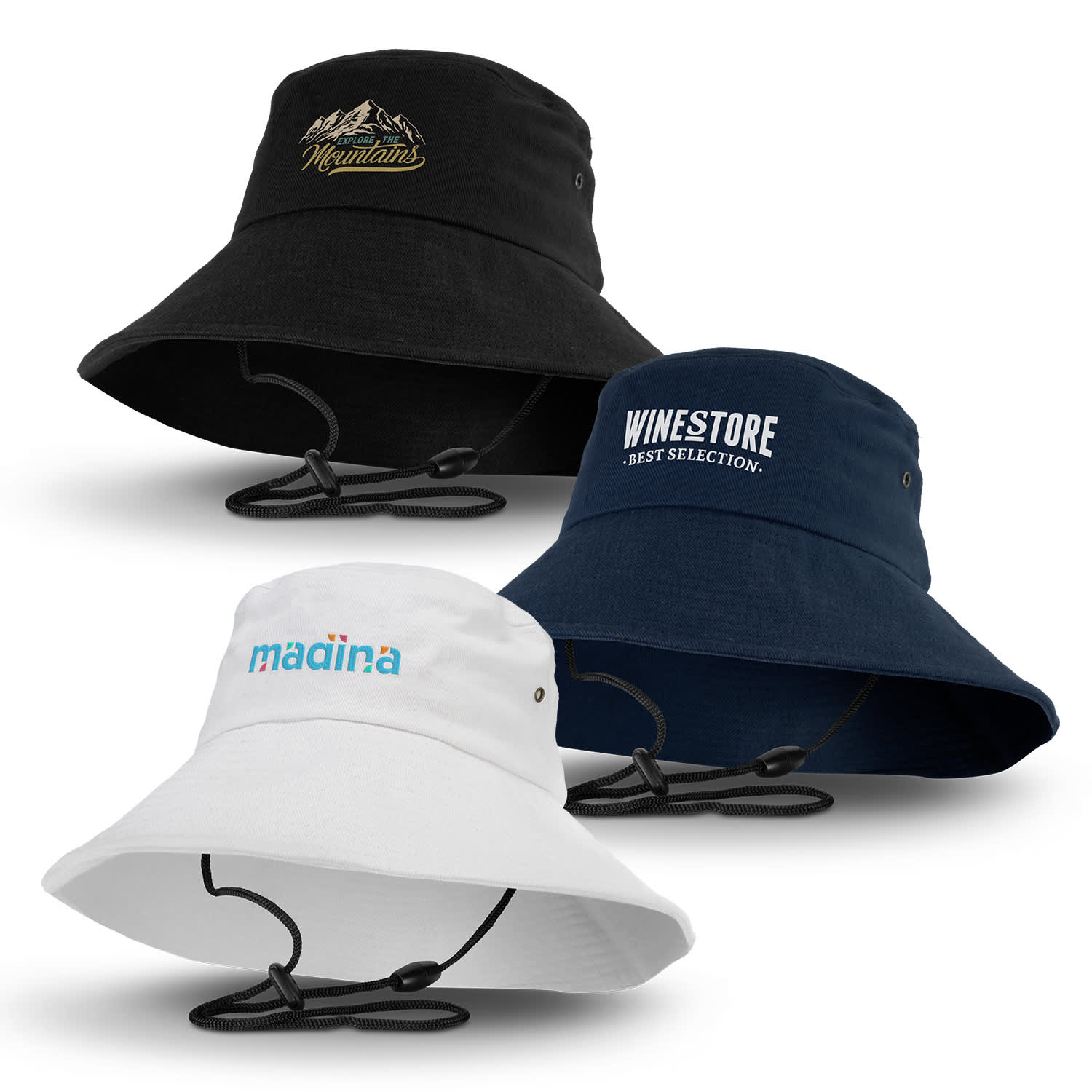 A set of three Yuma bucket hats in black, navy, and white, each featuring distinct logos and adjustable chin straps. Yuma Bucket Hat - Image 1