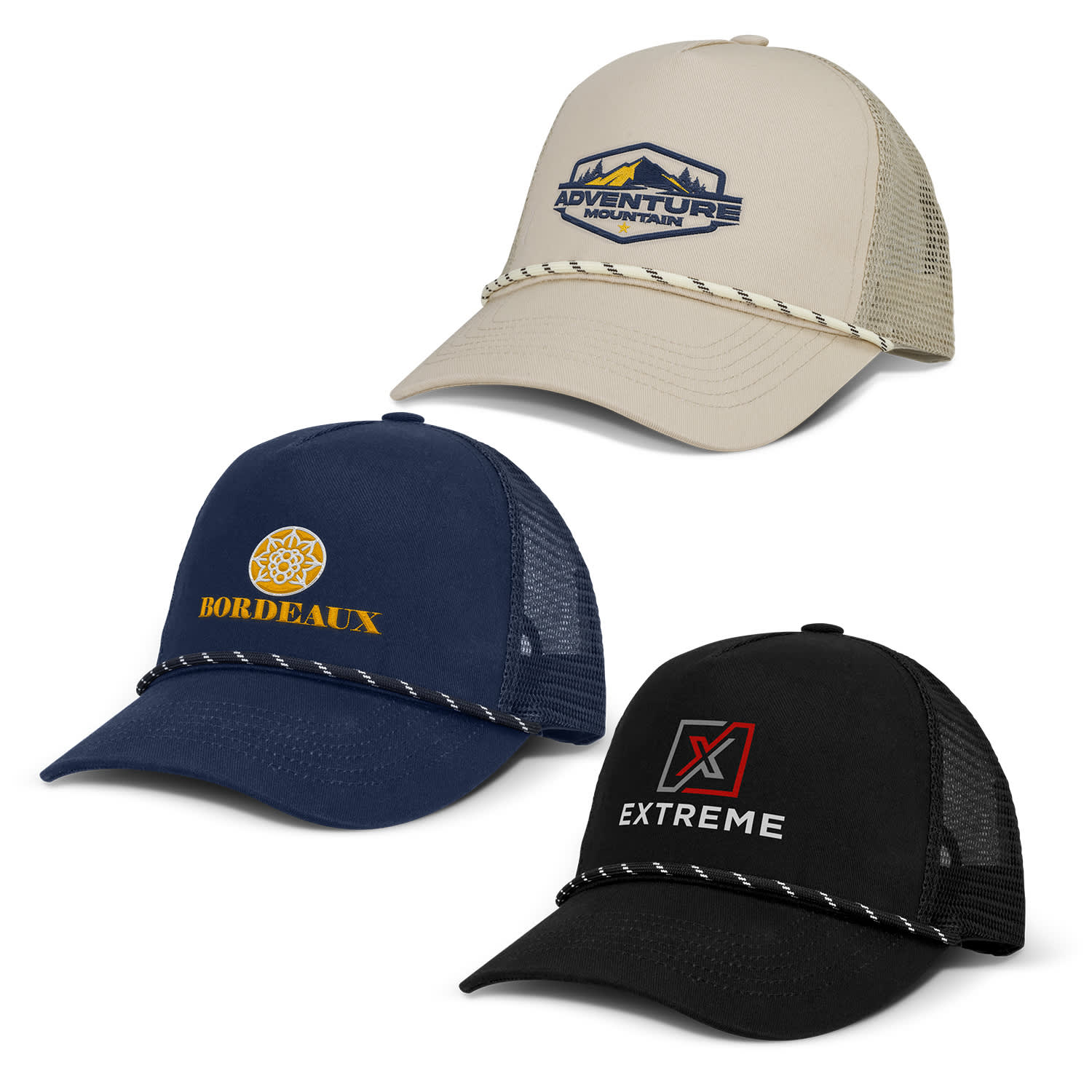 Three trucker caps in beige, navy, and black, each featuring a distinct logo and a decorative rope around the brim. Motor Cap - Image 1