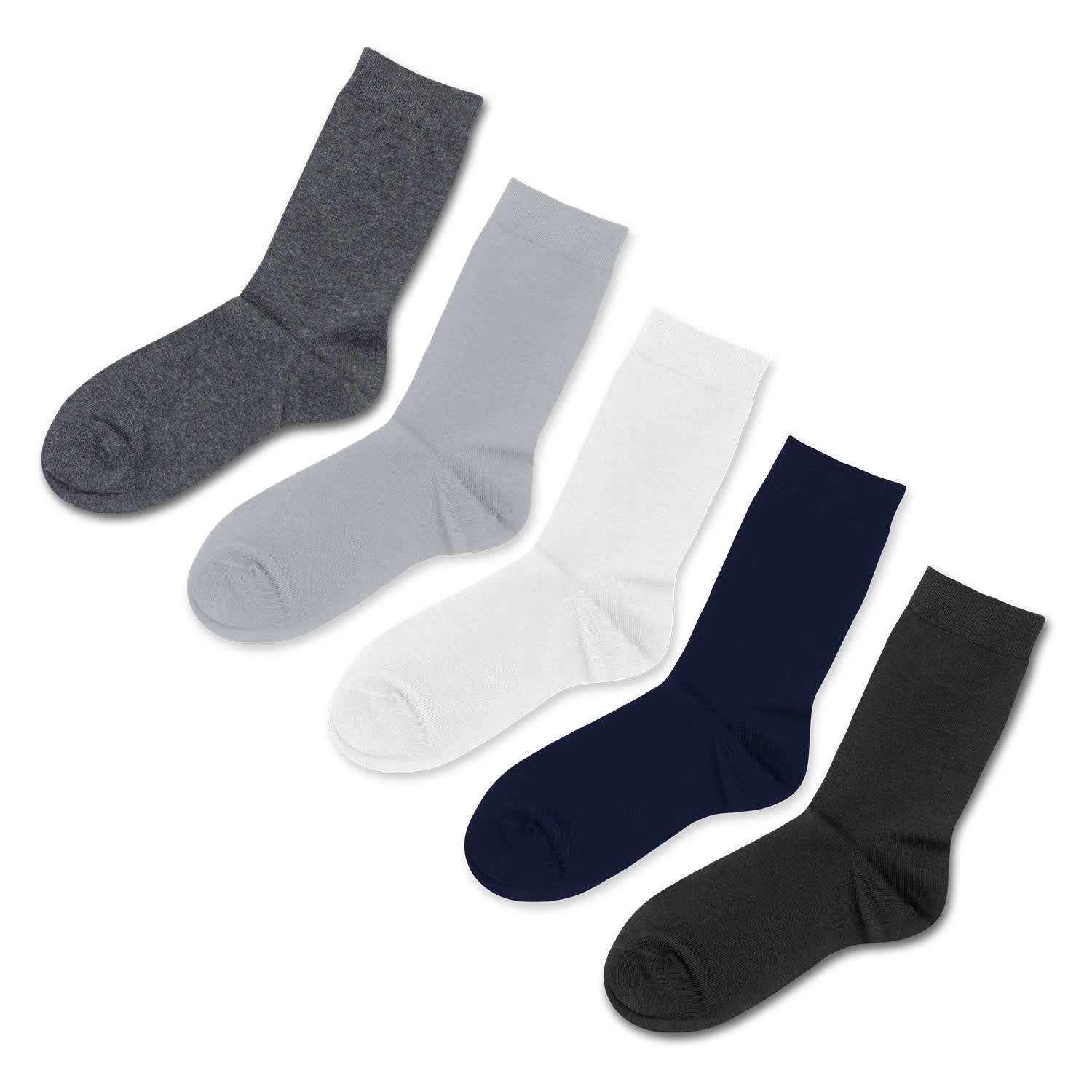 Four pairs of socks in grey, light grey, white, navy, and black. Each pair has a simple design and includes branding. Four pairs of socks in grey, light grey, white, navy, and black. Each pair has a simple design and includes branding.