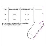 A diagram detailing sizing information for June Business Socks, with measurements in centimetres for small and large sizes.