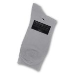 A pair of light grey socks with a logo and a label indicating size small.