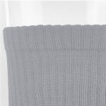 A pair of grey crew socks with a textured ribbed design, featuring a branding logo on the cuff.