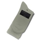 A pair of light grey crew socks with a branded label, displayed with a folded cuff.
