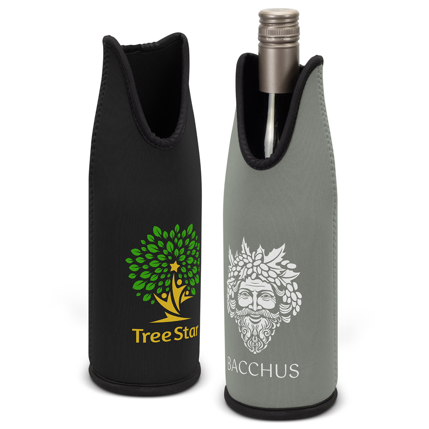 A drink bottle cooler in black and green, featuring logos on each side, designed for holding wine bottles. Sonoma Wine Bottle Cooler - Image 1