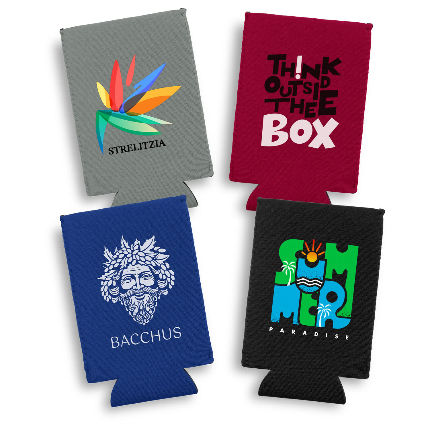 A selection of four stubby holders in various colours, each featuring different designs and a small logo. Bergen Slim Can Cooler - Image 1