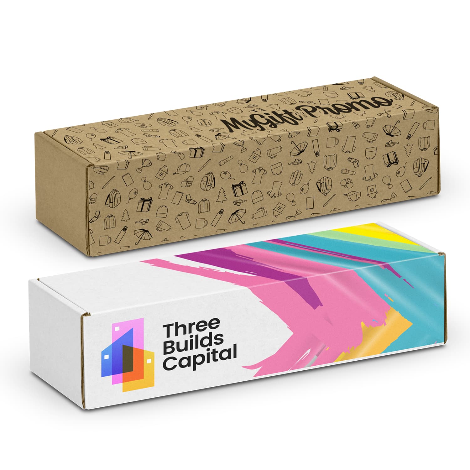 Two die cut boxes with locking lids; one brown with patterned graphics, the other white featuring vibrant design and branding. Die Cut Box with Locking Lid - 295x76x76mm - Image 1