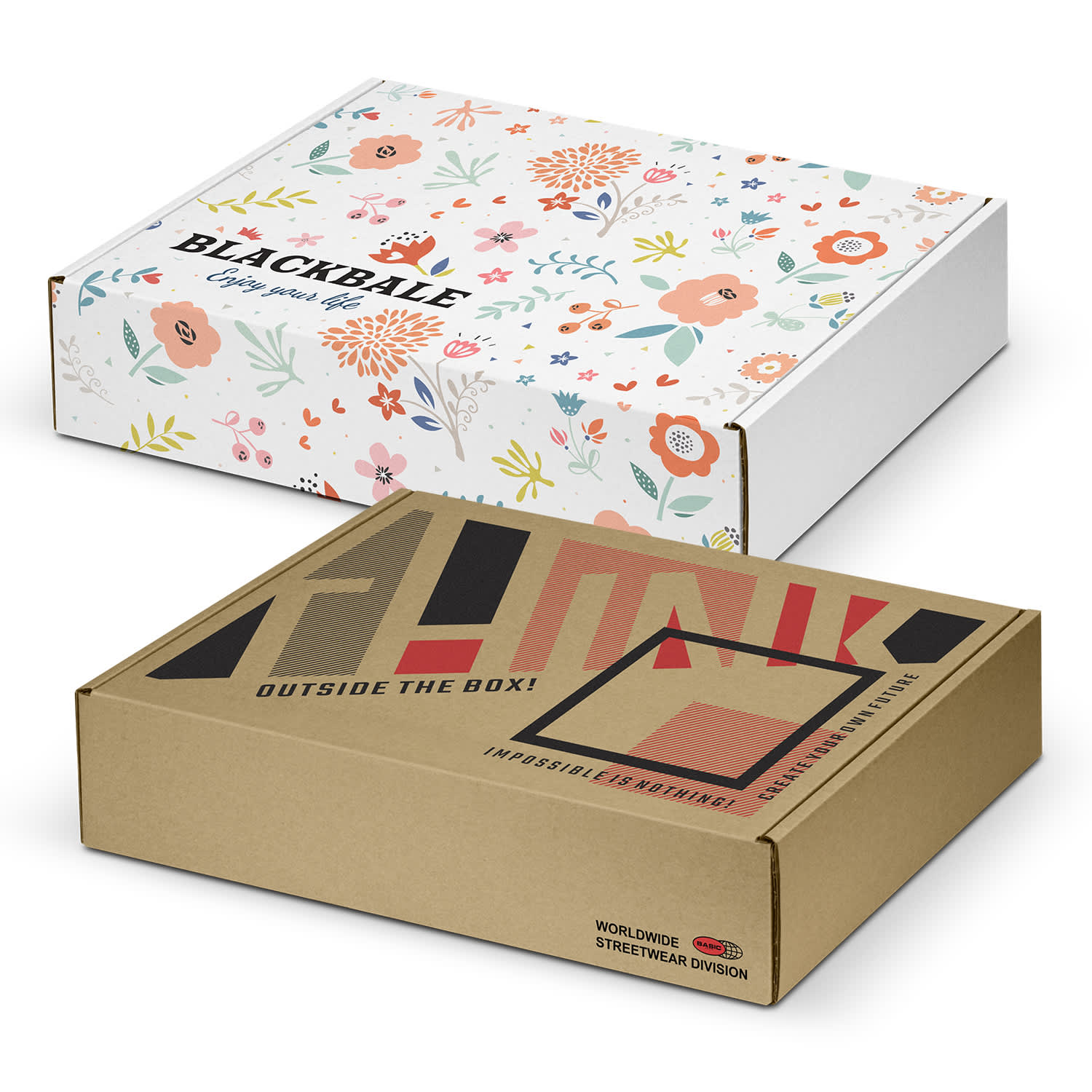 A die cut box with a locking lid, featuring a floral design in pastel colours and a bold graphic pattern. Die Cut Box with Locking Lid - 465x320x120mm - Image 1