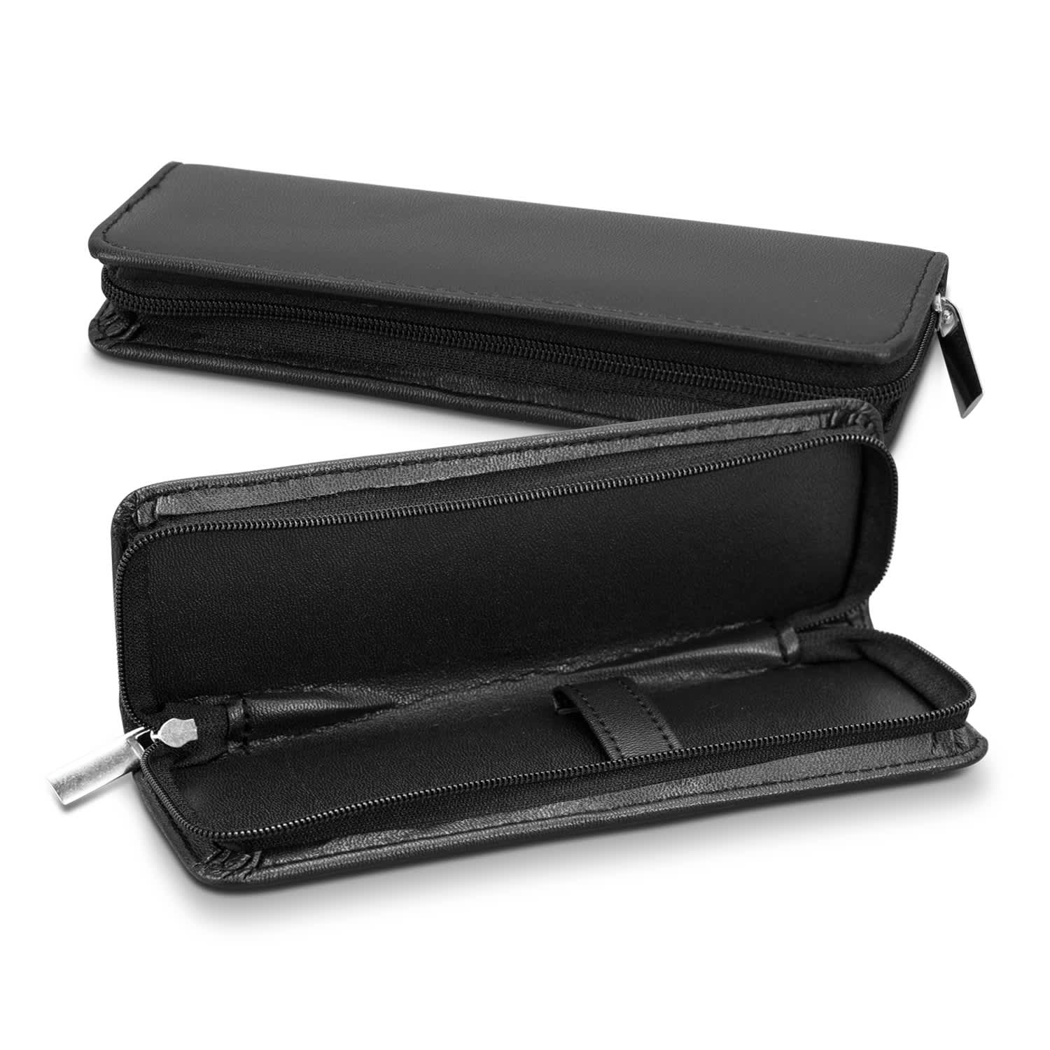 A sleek black pen presentation case with a zip closure and an open compartment for storing pens. Cyrus Pen Presentation Case - Image 1