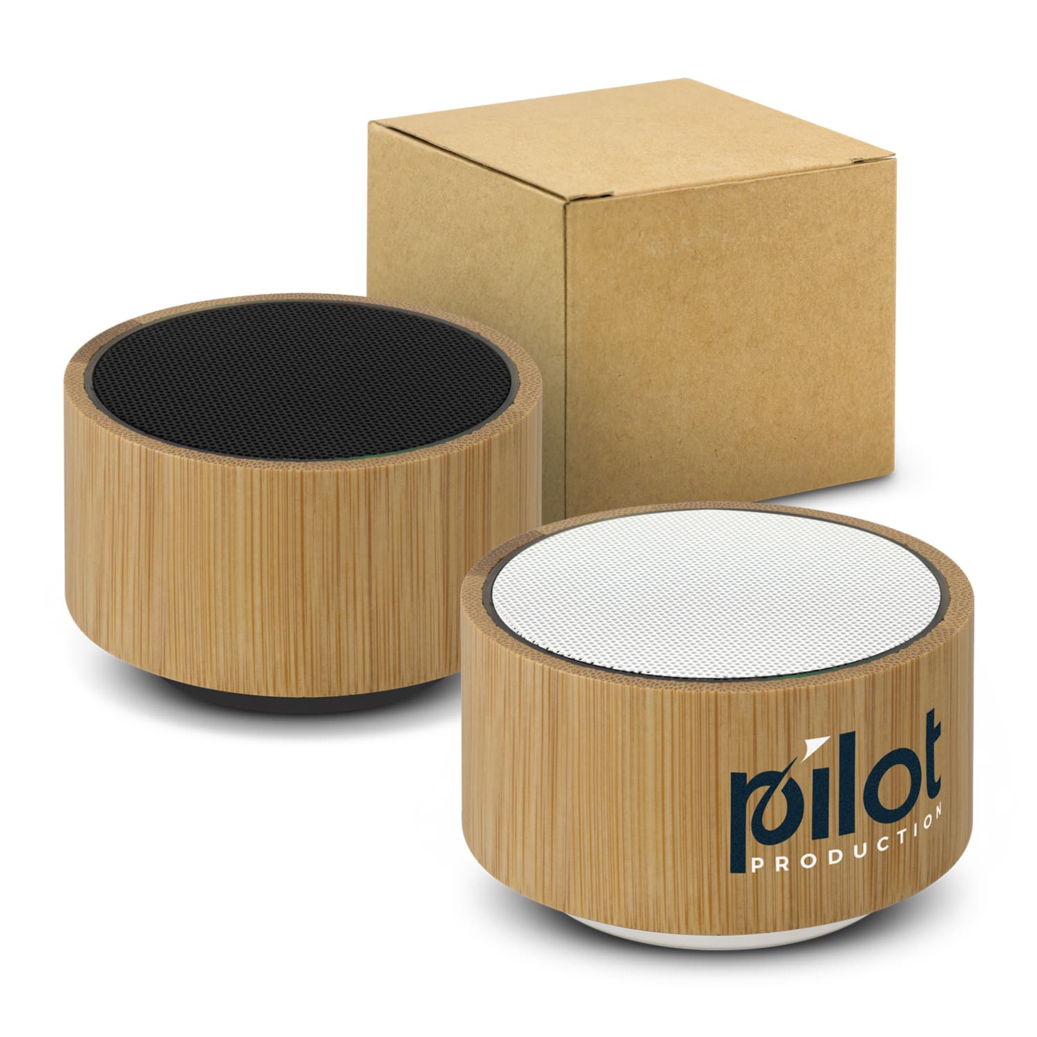 A bamboo Bluetooth speaker with a round design, featuring black and white speaker fronts, alongside a simple brown box. Bamboo Bluetooth Speaker - Image 1