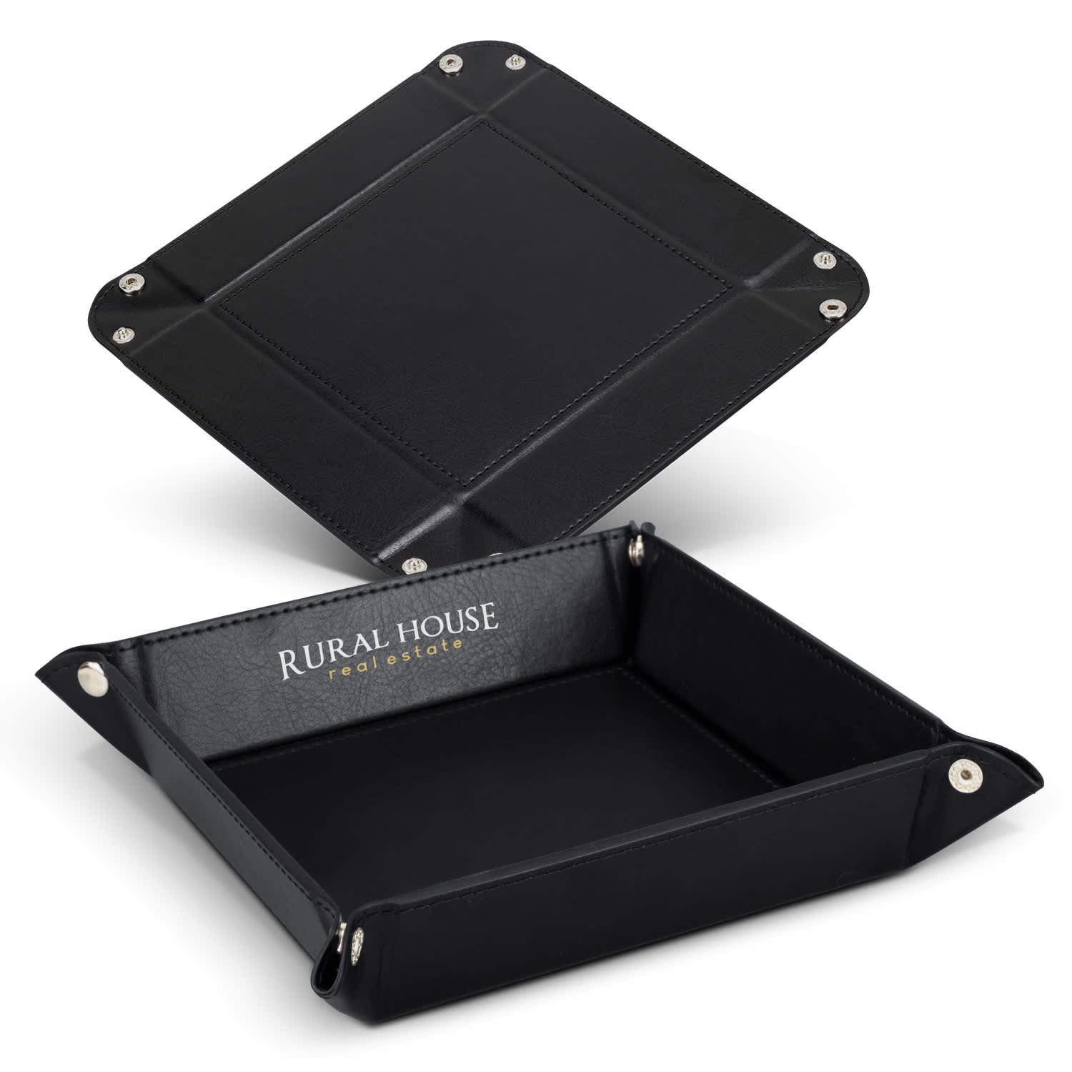 A black leather valet tray with silver snap fasteners and a branded interior. Deuce Valet Tray - Image 1