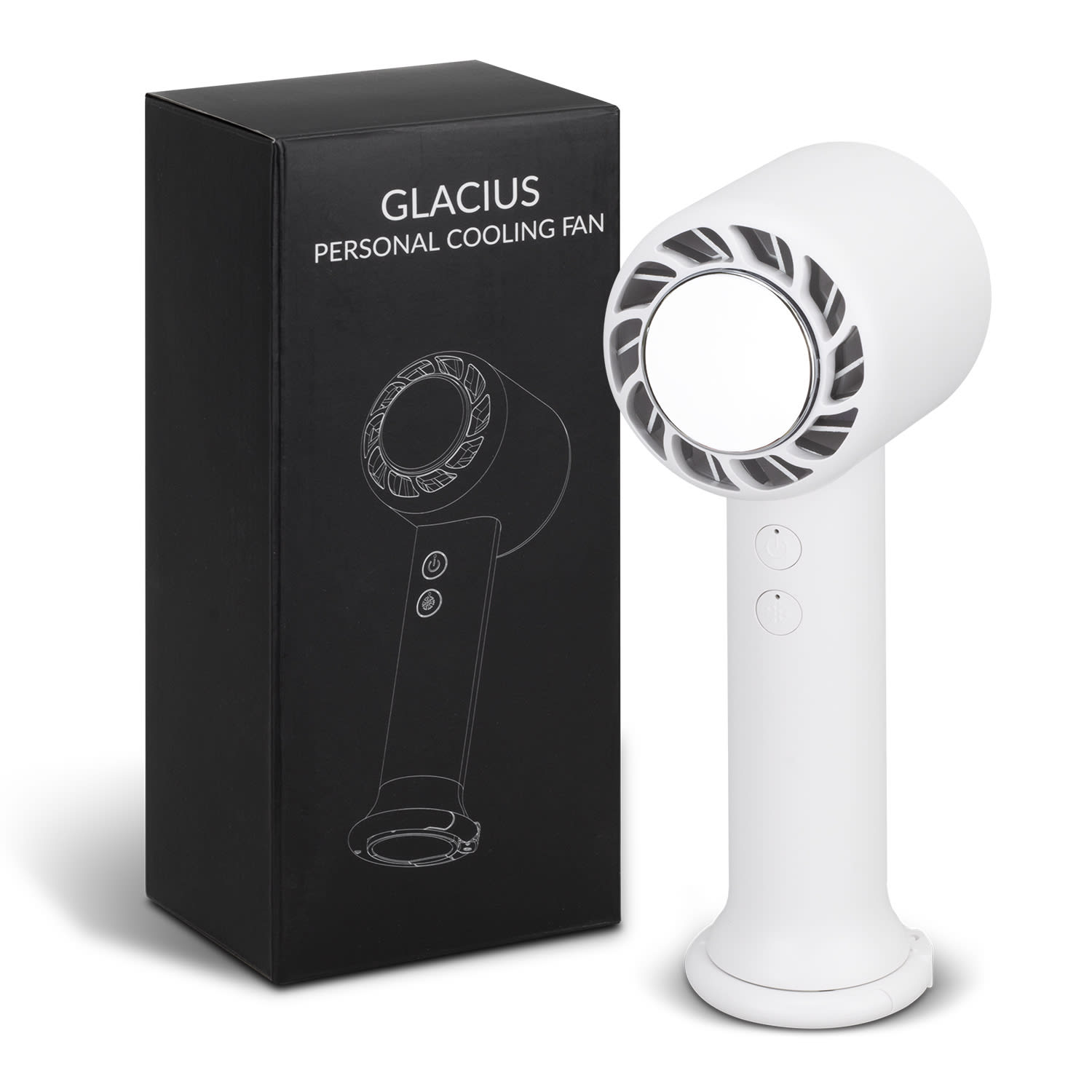 A white personal cooling fan stands beside its black packaging, featuring a logo on the box. Glacius Personal Cooling Fan - Image 1