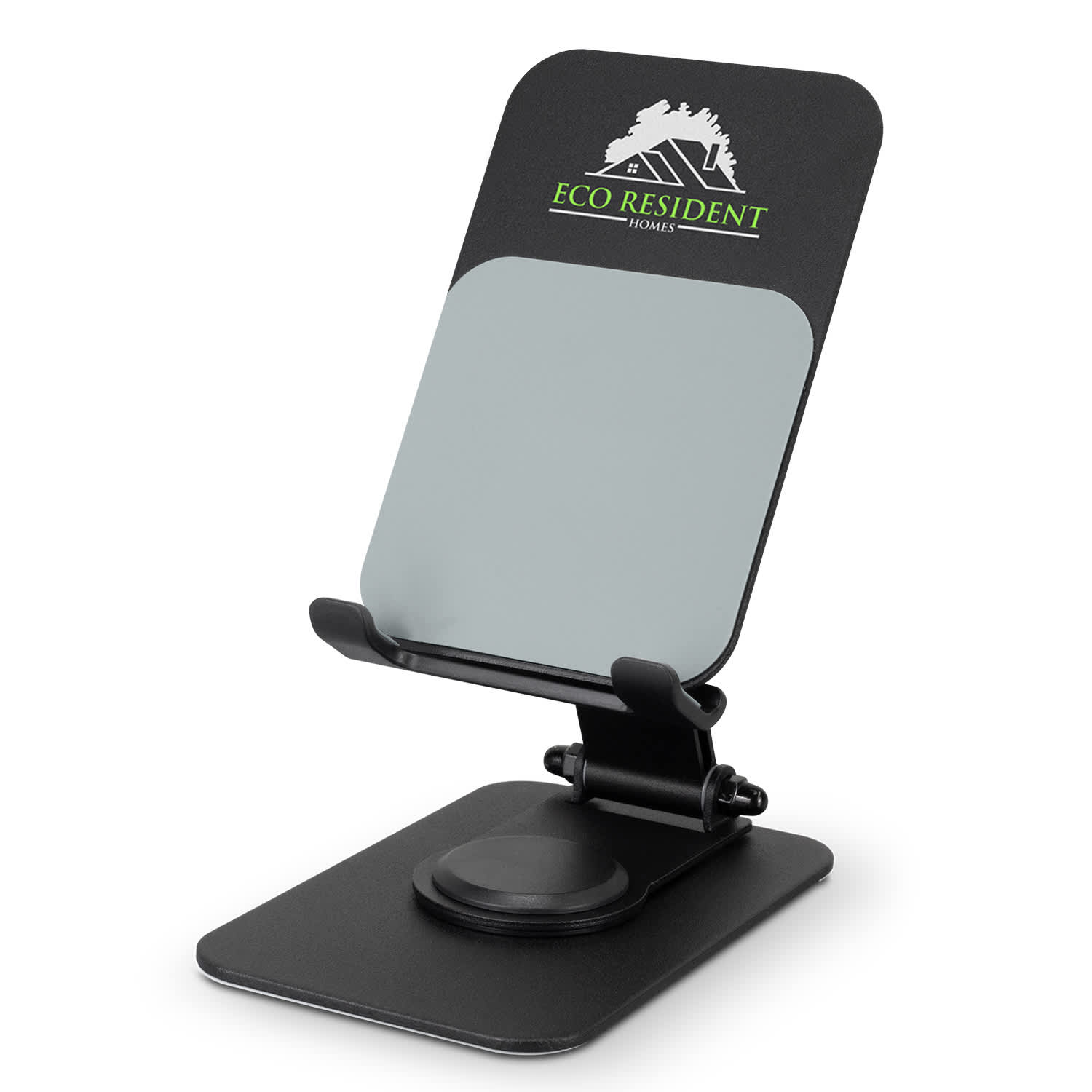 A black metal phone and tablet stand with a grey backing and a logo on the front. Ferris Metal Phone and Tablet Stand - Image 1