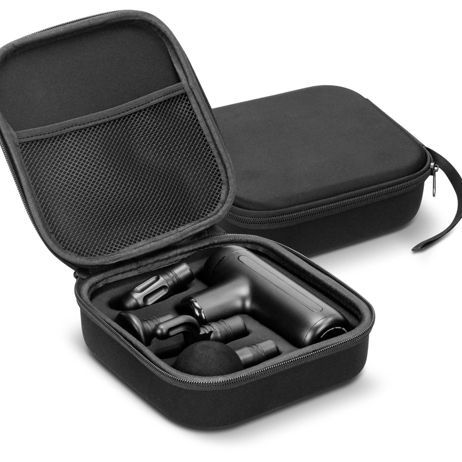 A black handheld massager and attachments stored in a black zippered case. The case features a mesh pocket. Luxe Handheld Massager - Image 1