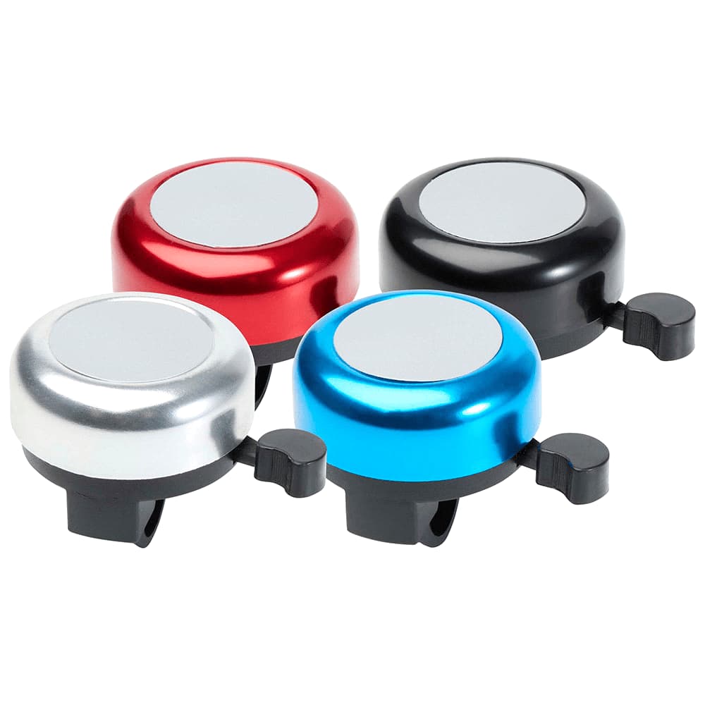 A set of four bicycle bells in red, black, blue, and silver with a shiny top and a mountable lever. Bellix Bicycle Bell - Image 1