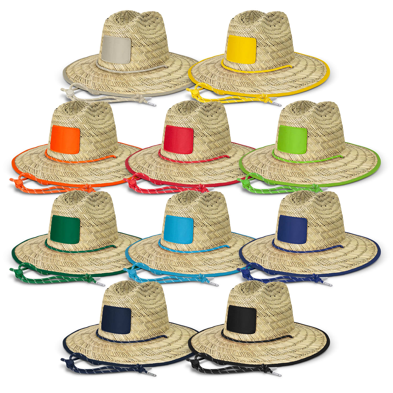 A collection of straw hats in various colours, featuring a decorative band and an empty patch for branding. Tiki Straw Hat - Image 1