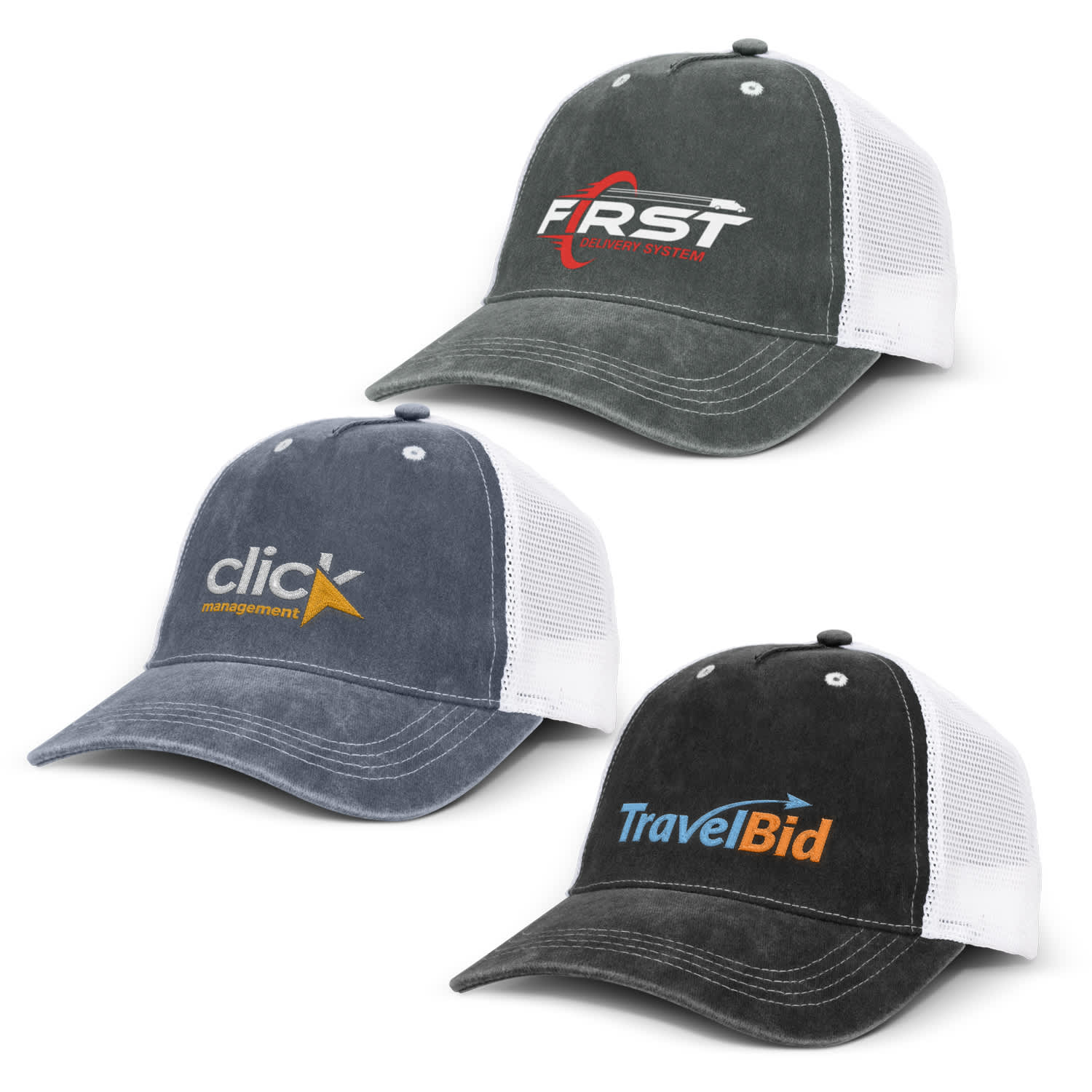 A collection of faded trucker caps in grey, navy blue, and charcoal, each featuring a logo. Faded Trucker Cap - Image 1