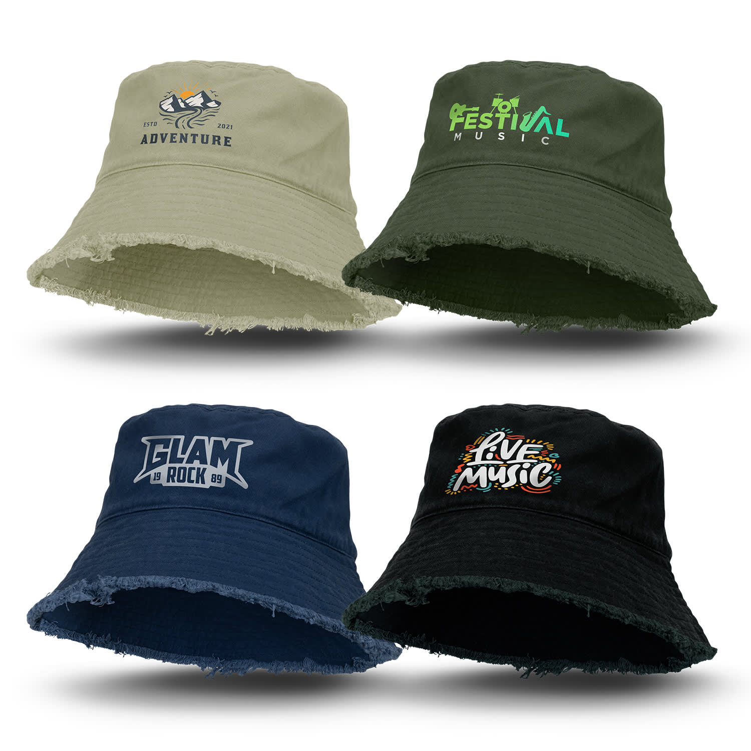 A collection of four raw edge bucket hats in khaki, dark green, navy, and black featuring various logos. Raw Edge Bucket Hat - Image 1