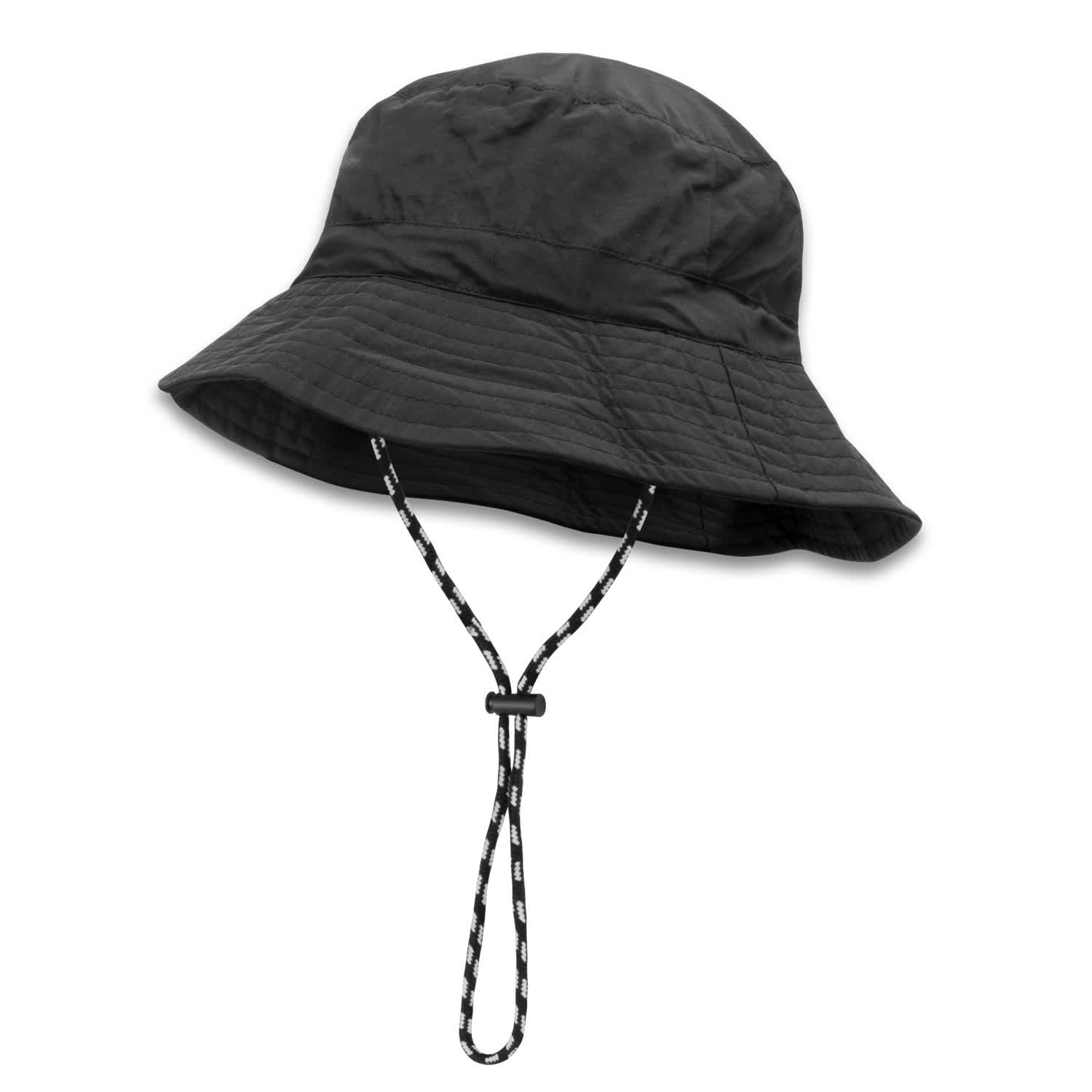 A black packable bucket hat with a chin strap, featuring a textured surface and wide brim. Packable Bucket Hat - Image 1