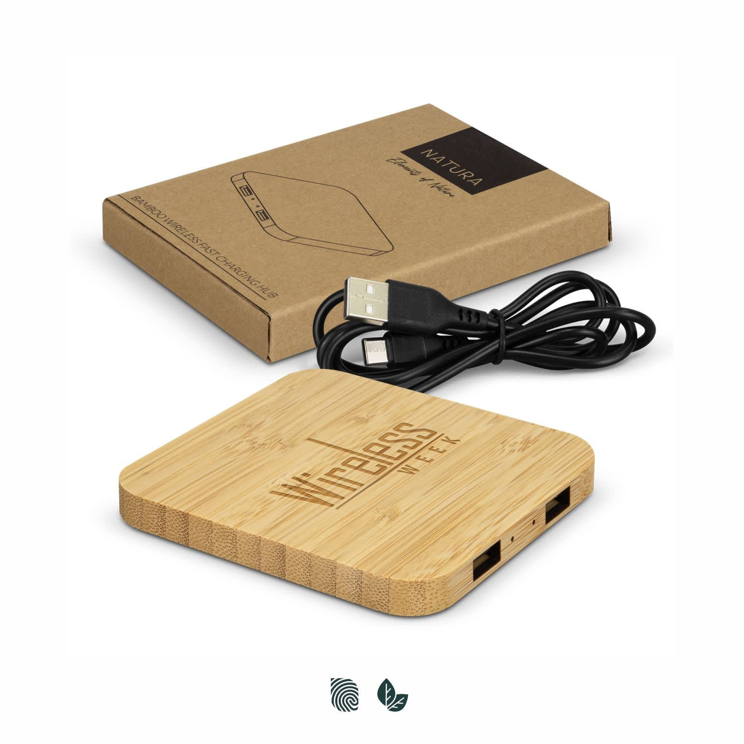 A bamboo wireless fast charging hub with a USB cable, presented in a cardboard box. NATURA Bamboo Wireless Fast Charging Hub - Image 1